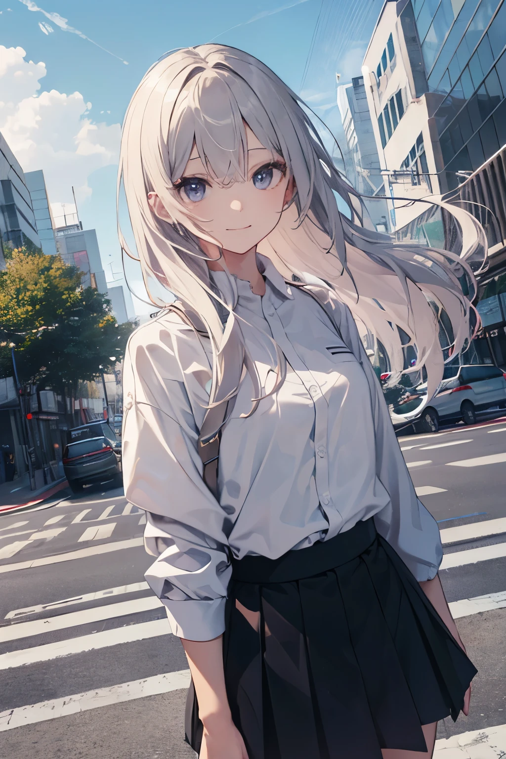 （Pretty sister:1.3）、long eyelashes、happy face,spring atmosphere、evening、aggressive、hot、((strong wind))、black skirt、shining eyes、Y-shirt、company、roof of the building