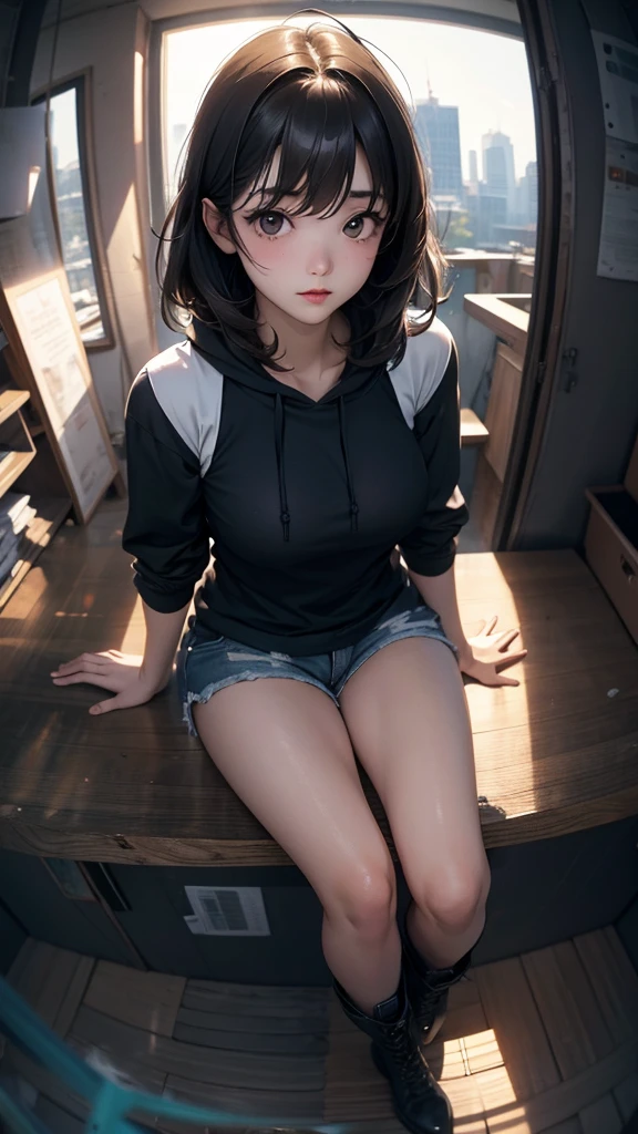 ((Highly detailed CG unit 8k wallpaper, masterpiece, High resolution, highest quality)), (Woman sitting on a rusty oil can, put one's hand in one's pocket:1.5, medium hair, Nana Komatsu, street fashion, hoodie, Wearing micro mini shorts:1.2, wearing boots:1.2), ((highly detailed face, highly detailed black eyes, detailed body, highest qualityのリアルテクスチャスキン)), (Inside a futuristic abandoned building), (Angle from above:1.3, Fisheye Shot:1.5), hyper realistic, digital paint,