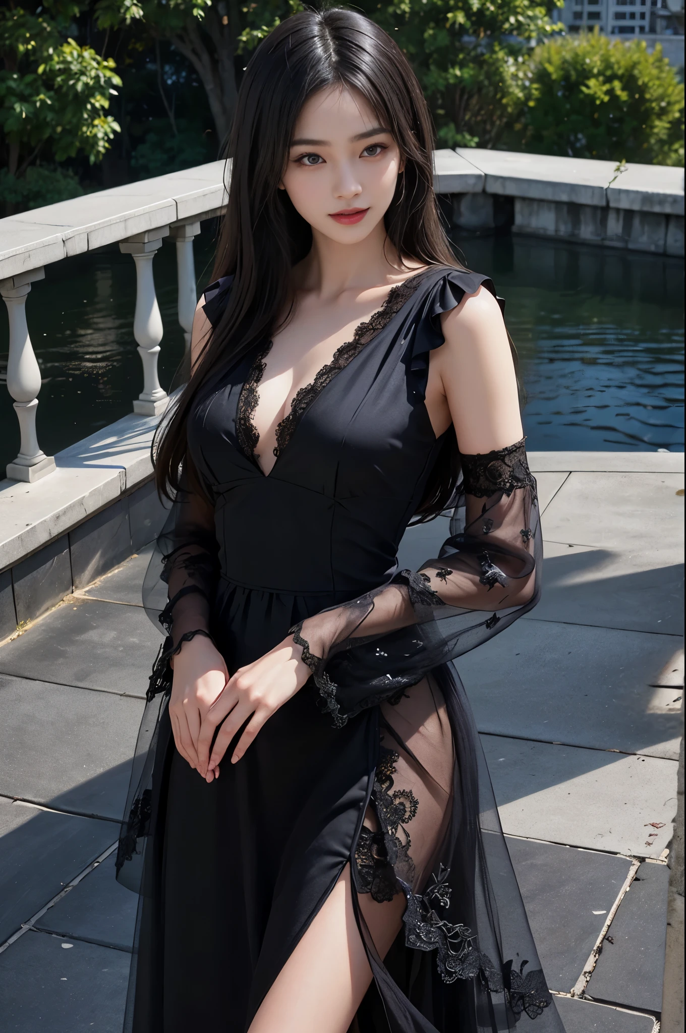 best quality、masterpiece、ultra high resolution、actual、1 girl、Glossy skin、((Surreal detailed))、Global photo、8K、Highly complex details、shinning eyes、Black straight hair、slender body、plump breasts、highkey、pureerosfaceace_v1、A smile、Elegant pose、Dark lace dress、Beautiful woman standing on the balcony of the castle