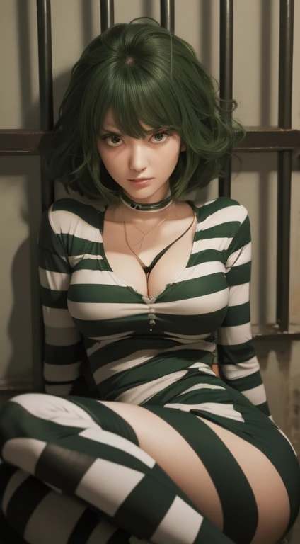 a close up of a woman sitting in a jail cell, tatsumaki from one punch man, style of madhouse, character; full body art, tatsumaki, today's featured still, tatsumaki with green curly hair, fubuki, pin on, woman fullbody art, style of hajime isayama