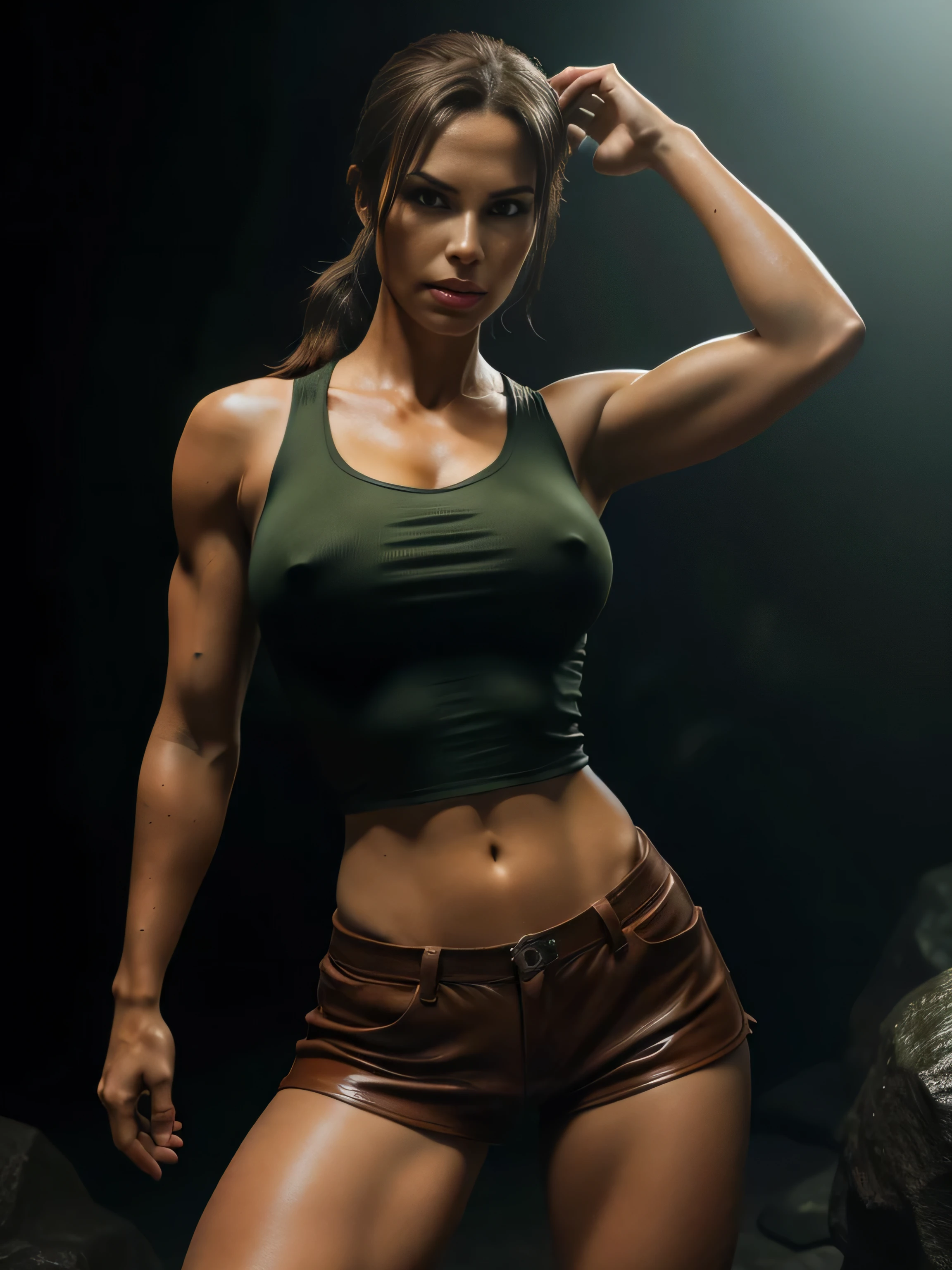 full body lara croft, long brown ponytail, brown eyes, high arched eyebrows, long graceful neck, red lips, big breasts, long muscular thighs, short tight brown leather shorts, pale green sleeveless ripped t-shirt, knee-deep in mysterious dark in a cave, (realistic, photorealistic, photorealistic:1.37), horror, dark and gloomy atmosphere with dramatic lighting, Foggy environment,
