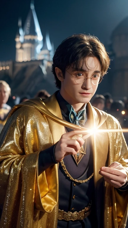 Blue-skinned Harry Potter, muscular body, naked upper body, golden ornaments, flashy costumes, Hogwarts in background, golden king, Harry Potter the emperor of gold, depicted in center, crowd in background, golden effects, golden magic, high quality,Harry Potter with golden skin, muscular body, naked upper body, nothing on upper body, golden ornaments, fancy clothes, Hogwarts in background, golden king, Harry Potter the emperor of gold, depicted in center, crowd in background, golden effects, golden magic, high quality, adoring Dumbledore, adoring Lord Voldemort,