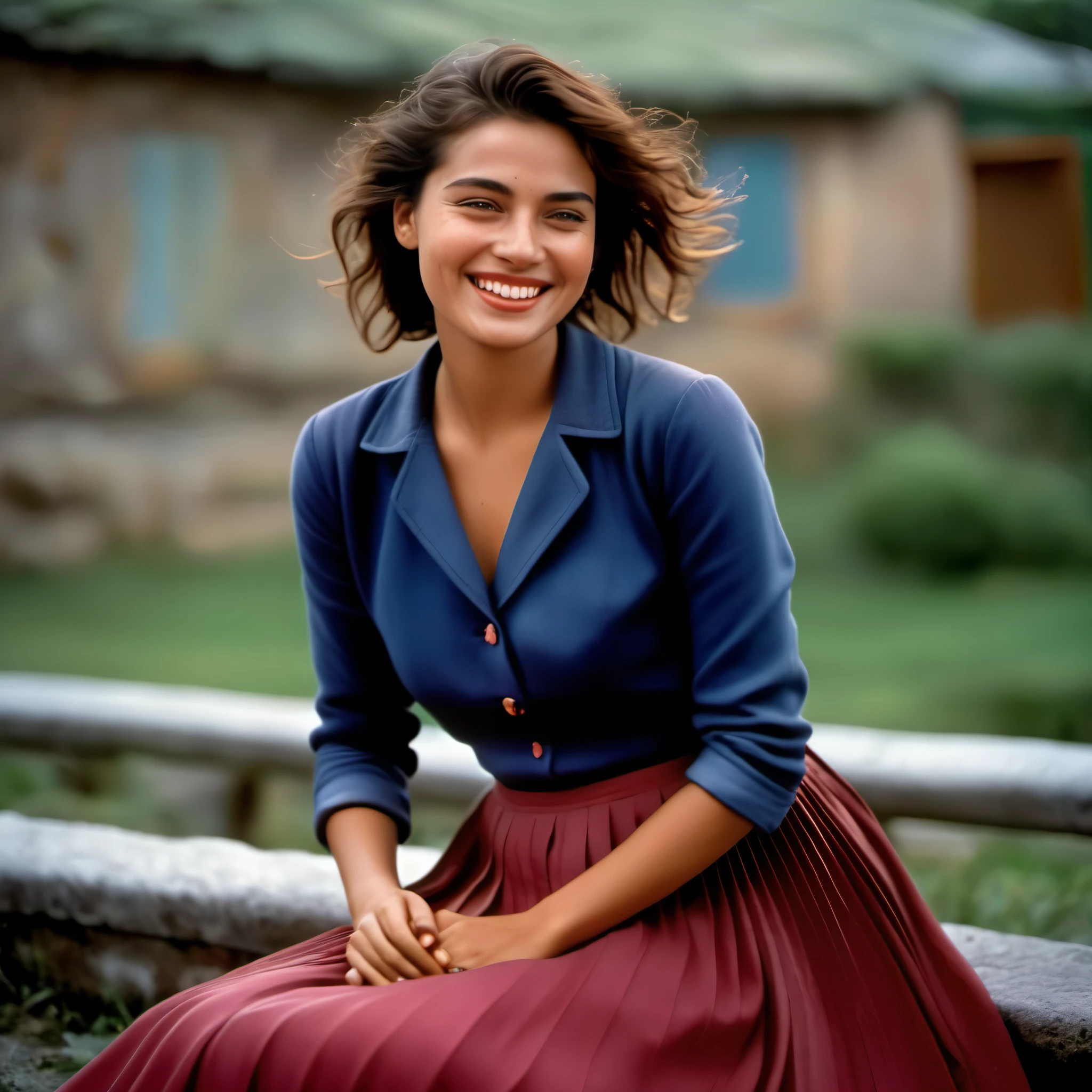 A smiling, authentic, (shy:1,3), kind, beautiful woman, is passionately in love with her skirt, sitting down on the ground while wind lifts her skirt, wearing short blazer and very, very detailed (long (fully pleated) full circle skirt) and (low heeled court shoes), very, very intricate hyper-detailed symmetric (attractive graceful young feminine face) with (sad, tired eyes and a loving smile), very voluptuous breasts, full of empathy and compassion and love, (pronounced (feminine) features), (highly detailed ultra accurate realistic) hands and fingers, (windy), epic composition, highly detailed attributes, (35mm f1.4 Kodak portra 400 photograph), extremely high quality RAW photograph, highly detailed atmosphere, sci-fi, cinematic shot, dynamic lighting, 75mm, Technicolor, Panavision, cinemascope, sharp focus, fine details, 8k, HDR, realism, realistic, key visual, film still, superb cinematic color grading, depth of field