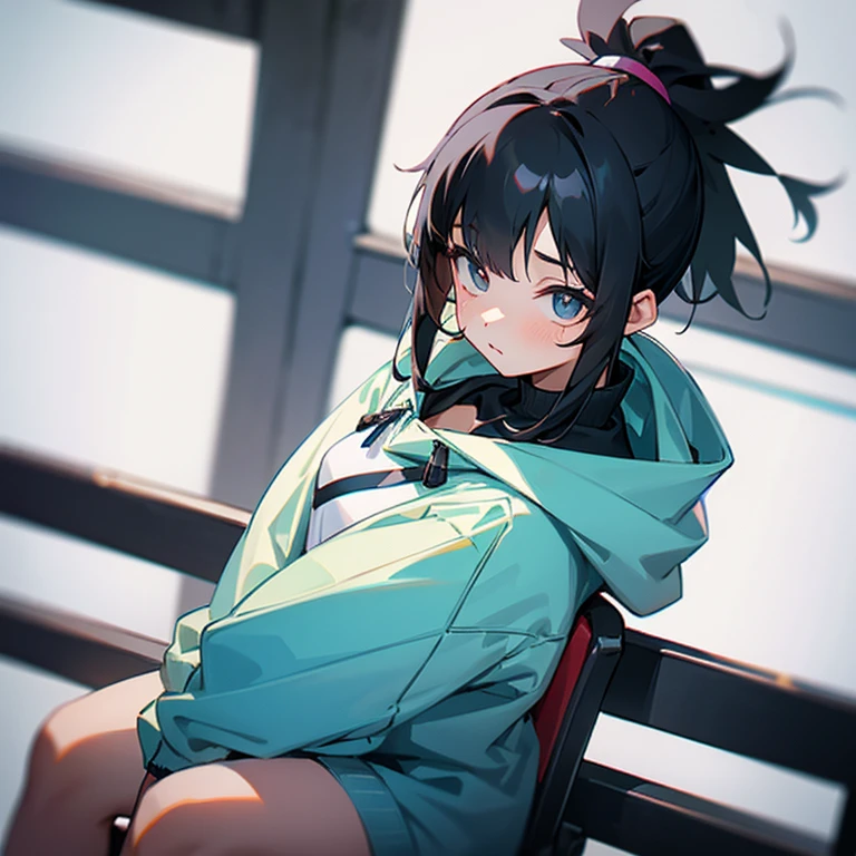 girl、black hair、ponytail、hoodie、sit