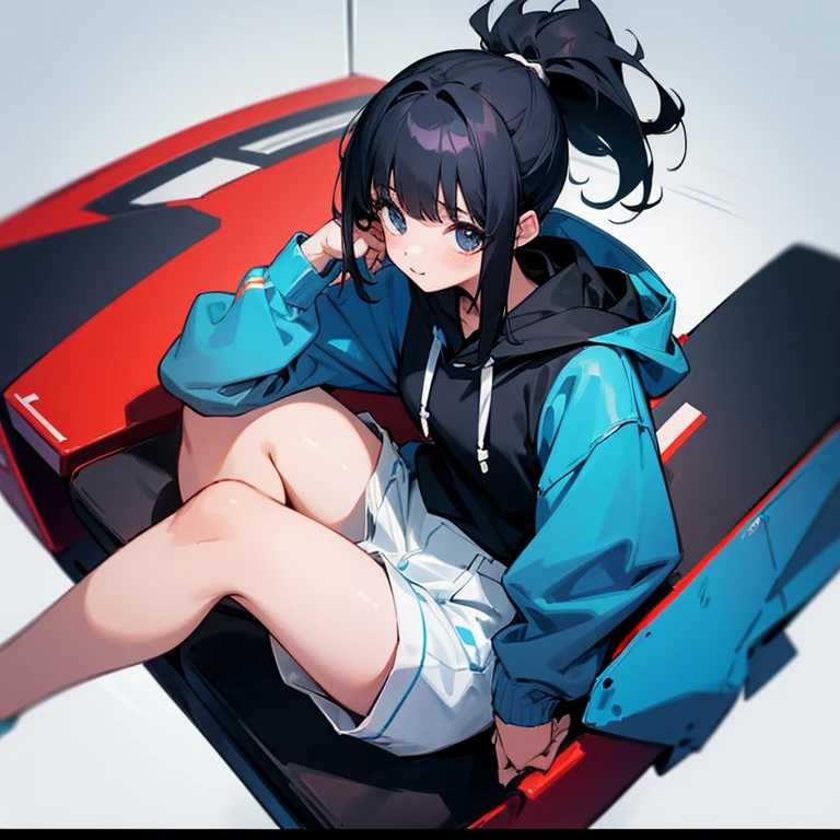 girl、black hair、ponytail、hoodie、sit