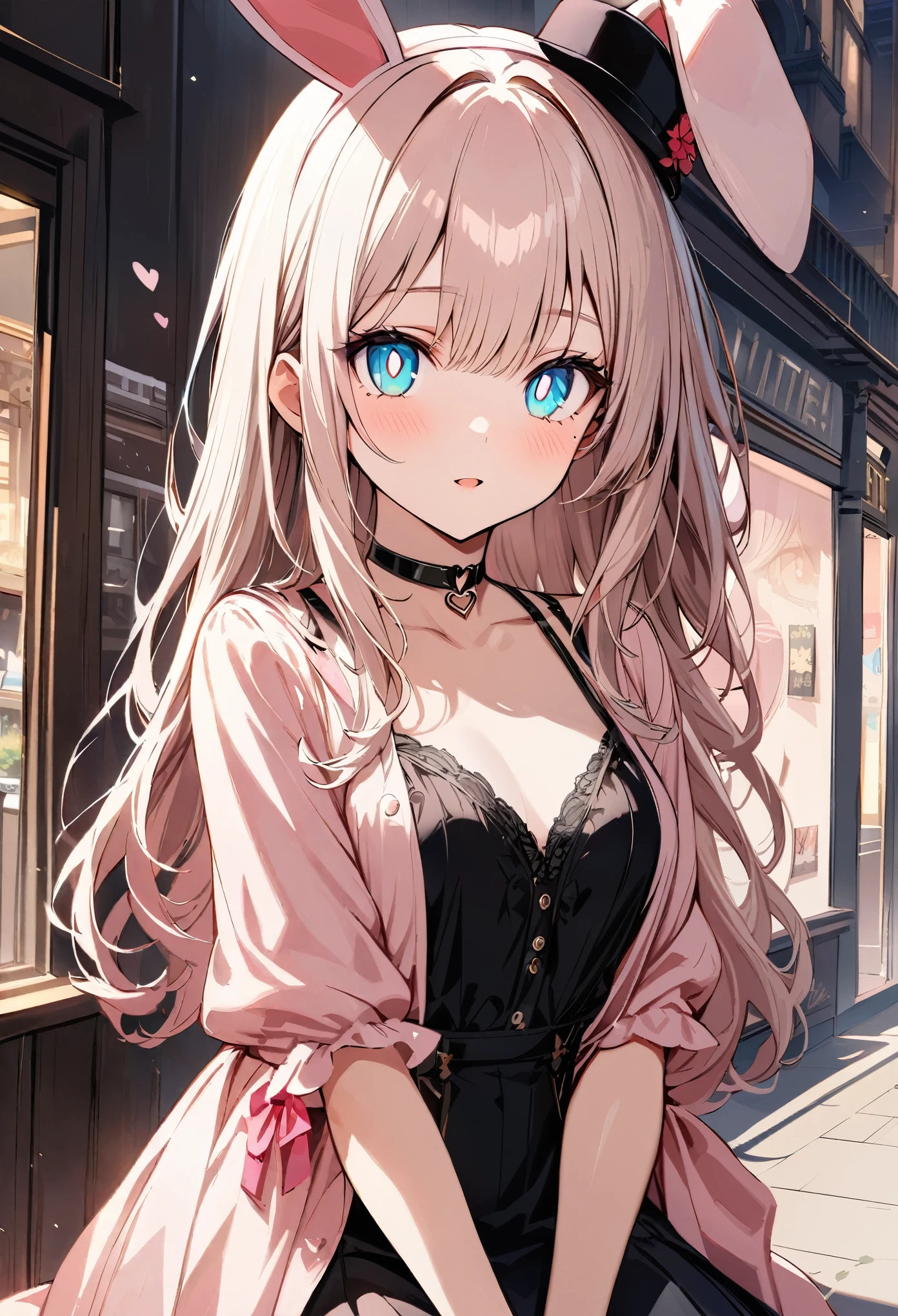 chibi {Girl with shoulder-length pink straight hair named Rico}, ``Little hat with bunny ears'', (It feels like saying Hello, daytime hours), {going out style}, ((Heart-shaped choker) ), (Downtown), Bright background, Mole under the eye, Heart-shaped choker, ((Masterpiece)), Highly detailed CG Unity 8k wallpaper), Top quality, One girl, Detailed background, beautifully detailed eyes, bright pupils, (very delicate and beautiful)), ((beautiful) eyes (detailed description)
