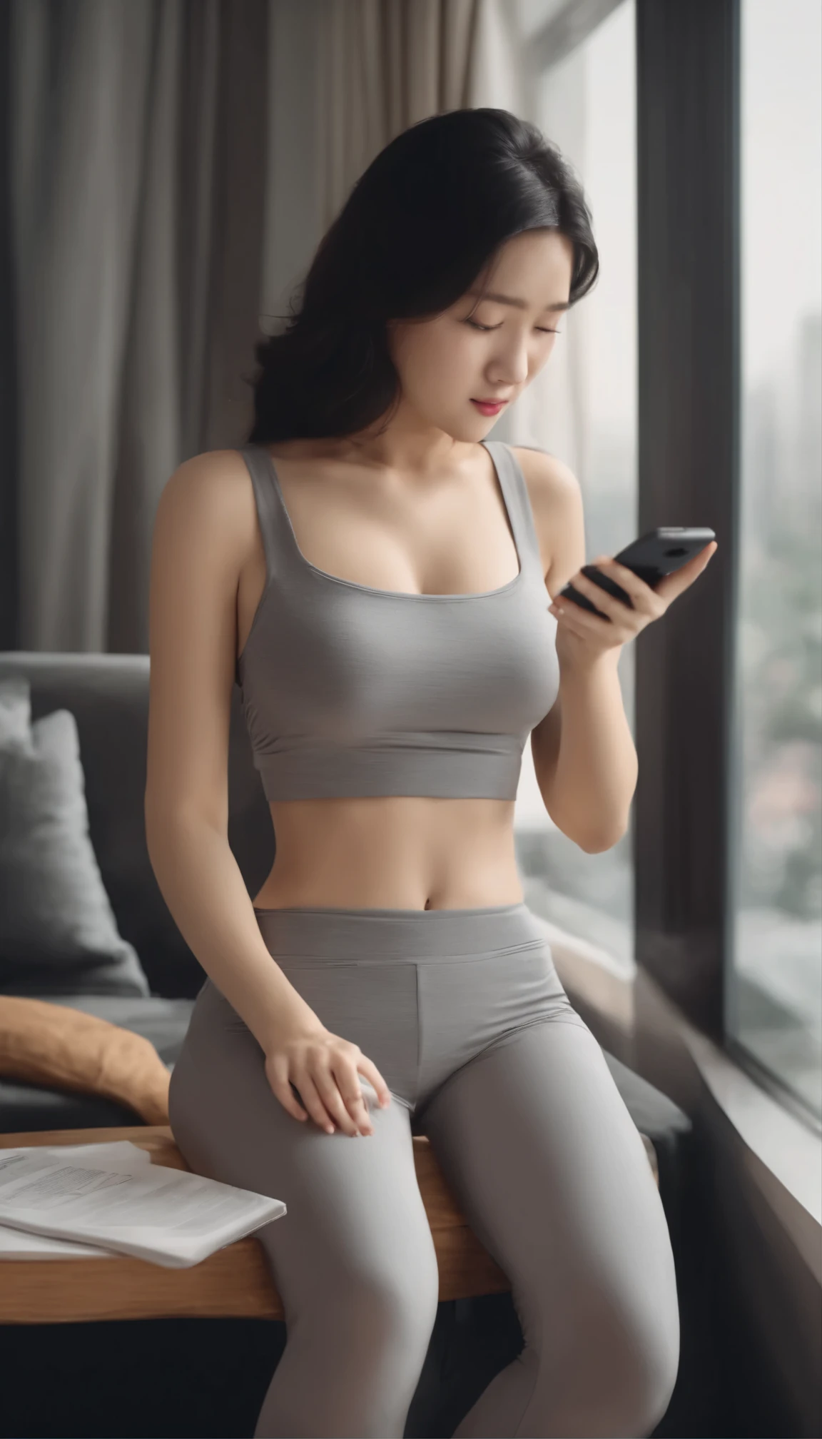 30-Year-Old Korean Woman Full Body Shot A 30-year-old Korean woman looks at her cell phone and looks at her smartphone while lying on an officetel couch wearing very surprised, close-ups, gray shorts and strap sleeveless. There are officetel window blinds, animation girls, and cartoons in an officetel wearing gray shorts and strap sleeveless. There are officetel window blinds, animation girls, and cartoons, looking at a cell phone, impressing