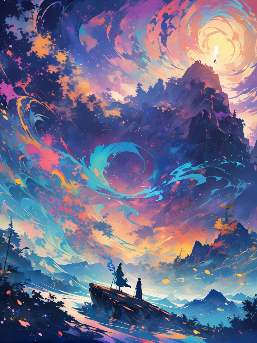 ink style, A figure stands on a cliff, enveloped in swirling streams of cosmic energy, amidst a dreamy, nebulous landscape. The silhouette of the person is wrapped in a flowing, ethereal gown that merges with the celestial currents. The sky is a tapestry of deep purples and blues, sprinkled with stars, and the landscape below is hinted at with soft, rolling mountains. The scene is one of tranquility and the sublime, capturing the majestic essence of the cosmos with a single, contemplative figure standing in awe.