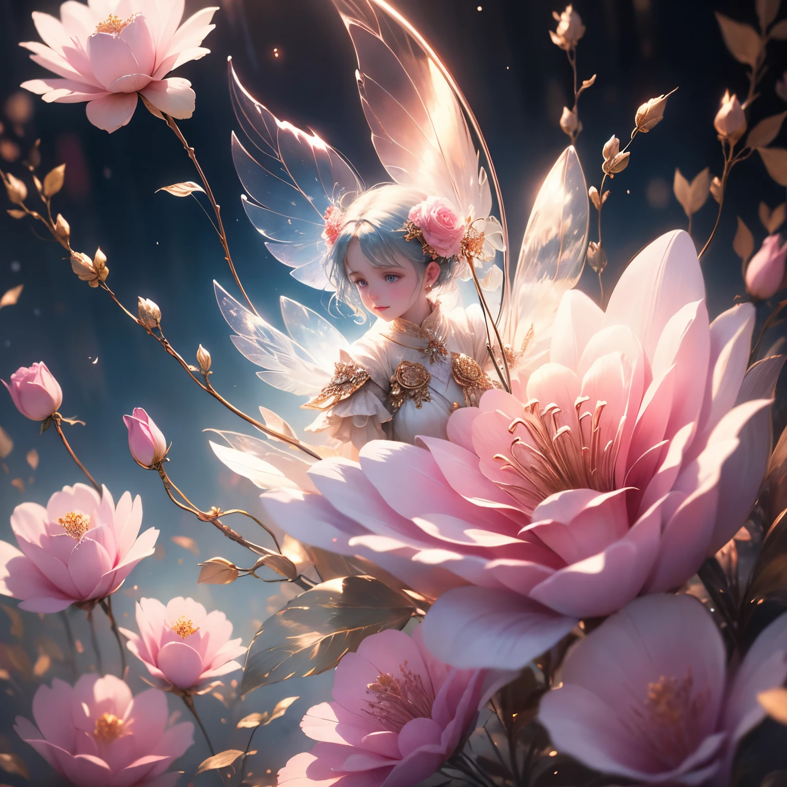 beautiful transparent flower fairy , transparent colorful feathers, the cane waving in the wind、The cane shone in the starlight,golden cane,Beautiful blue sky and white clouds、the girl has transparent wings、smile gently、Beautiful garden background、gentle and transparent,correct anatomy, delicate pattern,pink rose space, soft lighting, ( Bokeh),masterpiece, Super detailed, magnificent composition, highest quality, 8K,Epic romantic fantasy digital art,epic fairy tale fantasy digital art,mythological fantasy,UHD resolution,Detailed detail drawing,Realistic,非常にRealisticな,cinematic lighting,award winning photos,rich colors,Ultra-realistic life-like textures,dramatic lighting