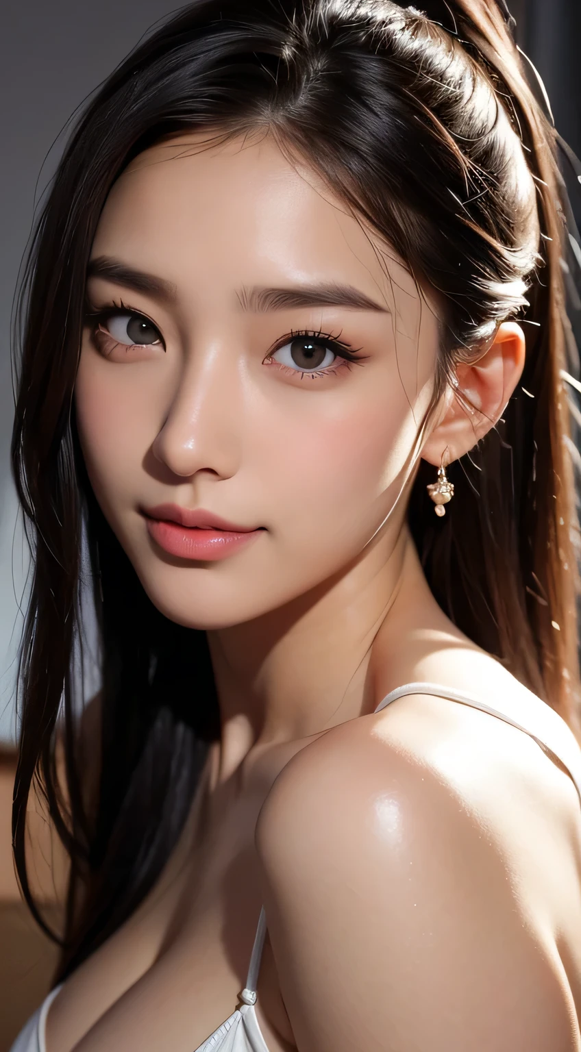 Beautiful woman，body portrait、16k，fine and beautiful eyes，Dindal effect、masterpiece, 最high quality, high quality, High resolution、very detailed photos、(natural skin texture、fine skin、hyper realism、Super sharpness)、high detail skin、(very detailed、fine skin texture、intricate details、beautiful face、(lifelike face)、realistic eyes、beautiful and detailed eyes、ponytail、real looking skin、beautiful skin、big breasts、G cup、glamorous、shiny skin、Oily muscle、tanned skin、Black glowing skin、Wearing a sexy sailor suit、Plump buttocks、sexy thighs、full body shot、surreal、very detailed、golden ratio、with smiling eyes、body portrait