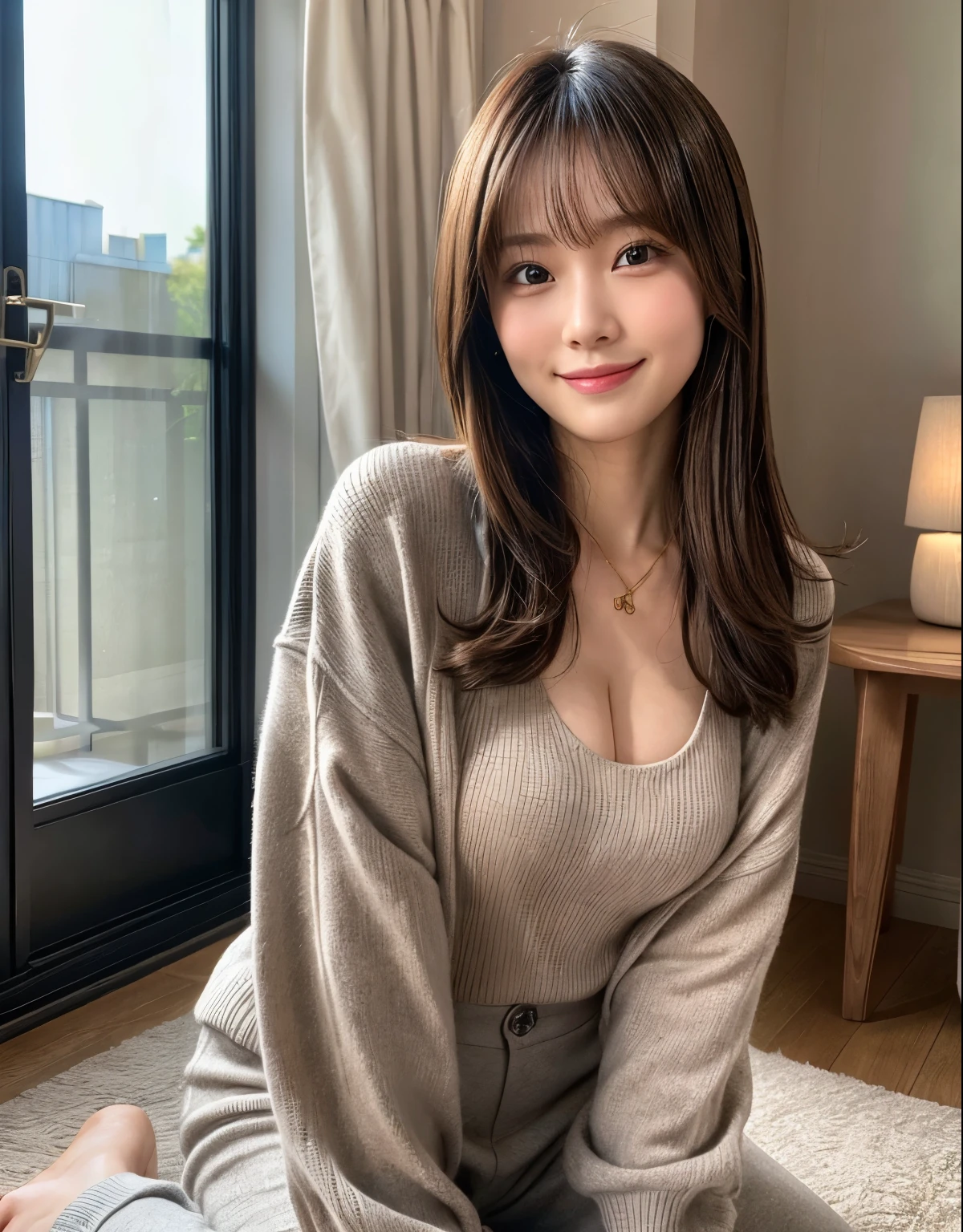 (8k, RAW photo, best quality, masterpiece:1.2),(realistic, photo-realistic:1.4), SIGMA 85mm f/1.4., detailed 8k background, depth of fields, bokeh, soft light, (cute Japanese actress, detailed skin, on all fours, full body: 1.2), 23 years old, extremely detailed face, pale skin, brown eyes, black hair, smiling, looking at viewer, sweater, cleavage, gray shorts, sexy pose,  cute gold necklace, modern cozy room