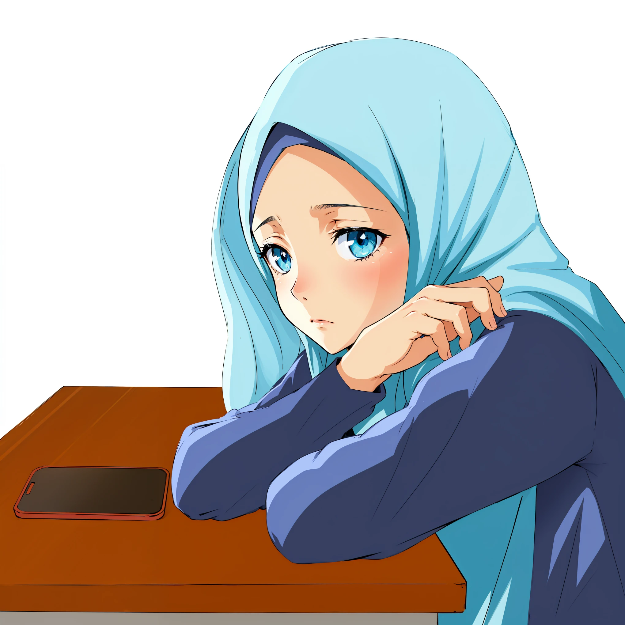 anime girl with blue hijab sitting at a table with her head resting on her hand, bored expression, sad expression, with a sad expression, she has a distant expression, looks sad and solemn, depressed sad expression, sad, sad exasperated expression, sadness look, & her expression is solemn, the anime girl is crouching, thoughtful expression