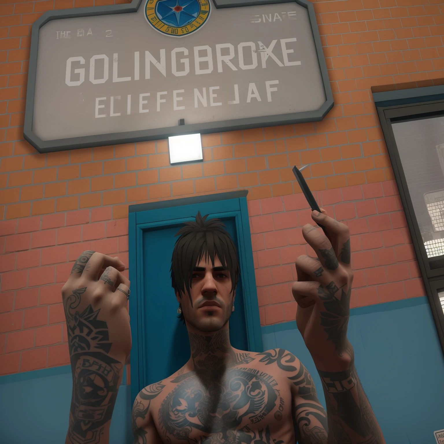 there is a man with tattoos on his body and hands, membro de gangue, 8k realista, personagem do GTAV, A prison,