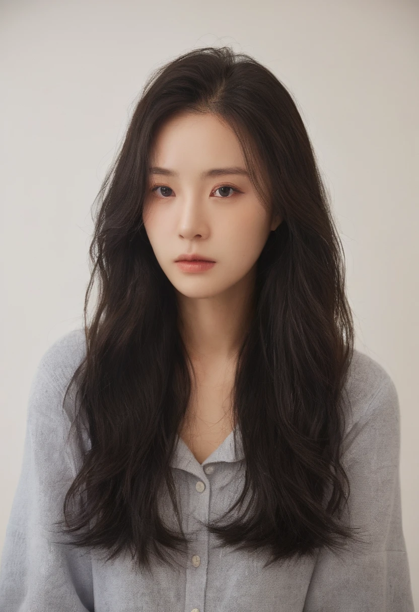 Best Quality, 8k, Masterpiece, (Portrait: 1.3), (photo realistic:1.4), (hyper realistic:1.4), Sharp Focus, looking at viewer, (smoother lighting:1.1), (increase cinematic lighting quality:0.9), realistic lighting, backlighting, light on face, ray trace, (brightening light:1.2), (Increase quality:1.4), sharp detail, (best quality real texture skin:1.4), finely detailed eyes, black_eyes, finely detailed face, 25 year old Korean woman, (white formal_shirt:1.4), (hairstyle remains exactly the same as the original:1.4)