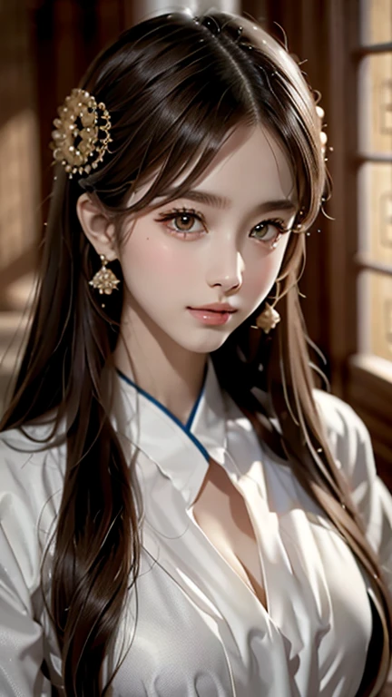 highest quality, masterpiece, ultra high resolution, realistic, (full shot:1.5), (1 girl),(long hair),(hair ornaments:1.4),Next to the girl is an ancient palace,Chinese service, sharp focus, wonderful body, Random pose reference, Eyes with single eyelids, high pointed nose, V-shaped face, pale skin, smile, Bokeh