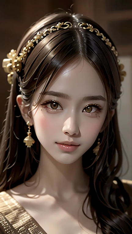 highest quality, masterpiece, ultra high resolution, realistic, (full shot:1.5), (1 girl),(long hair),(hair ornaments:1.4),Next to the girl is an ancient palace,Chinese service, sharp focus, wonderful body, Random pose reference, Eyes with single eyelids, high pointed nose, V-shaped face, pale skin, smile, Bokeh