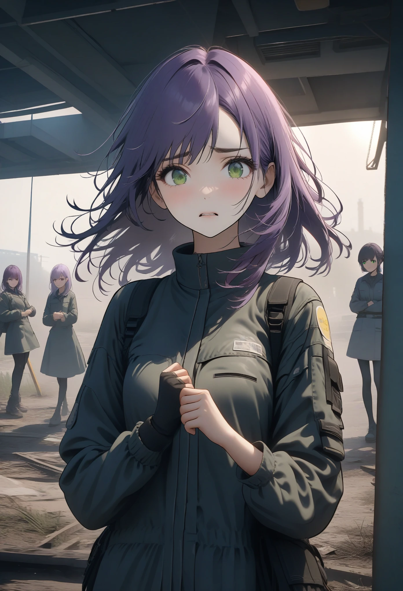 Girls in the group, Chernobyl Exclusion Zone, s.t.A.I.k.and.right, purple hair, green eyes, There is a scar above the left eyebrow, unarmed, She has five fingers on her left hand, 她right手上有五个手指, sad.
