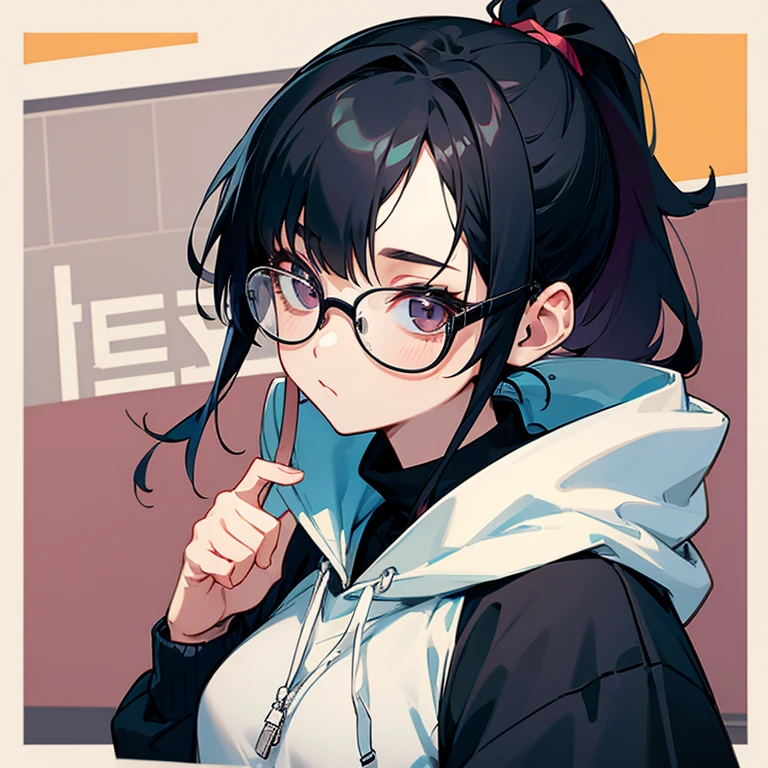 girl、black hair、ponytail、hoodie、Glasses、thinking