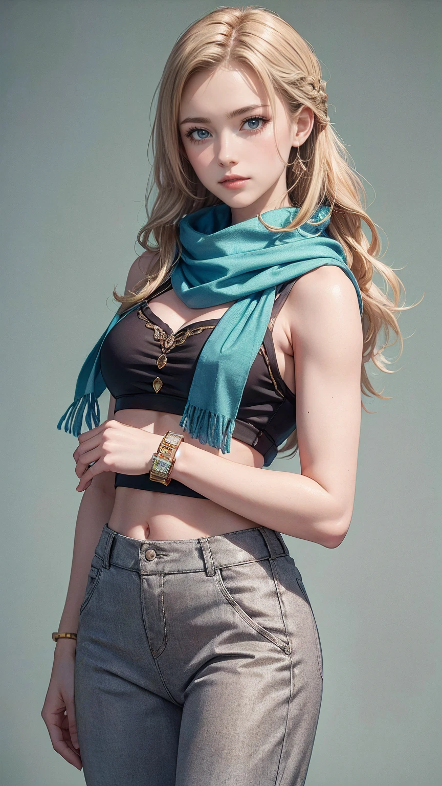 ((最high quality, 8K, masterpiece: 1.3, Ultra HD, high quality, 最high quality, High resolution, realism)) 、(high color saturation:1.0), (highly detailed skin), (最high quality:1.0), (超High resolution:1.0) ,(realistic:1.0), (Super detailed:1.0), (8K, Raw photo:1.1), slender、Slender, muscular body that's toned like an athlete's、24 year old white female、blue eyes、blonde、medium long hair、hair is wavy、Accessorize your wrist、Scarf Tie Blouse((scarf tie brouse))、Aladdin Pants((aladdin pants))wear、サンダルwear、pastel green background