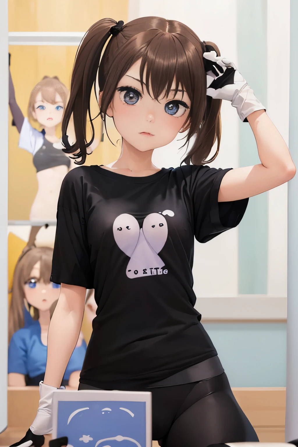 Optimal，masterpiece，High resolution，highest quality，（Upper body），cute face，，brown hair、twin tails、one girl, （（blue eyes）），((shoot from the front:1.5)), ((tight t-shirt:1.5)), ((tight yoga pants)). ((transparent nipples))、((black gloves))、 ((small breasts))