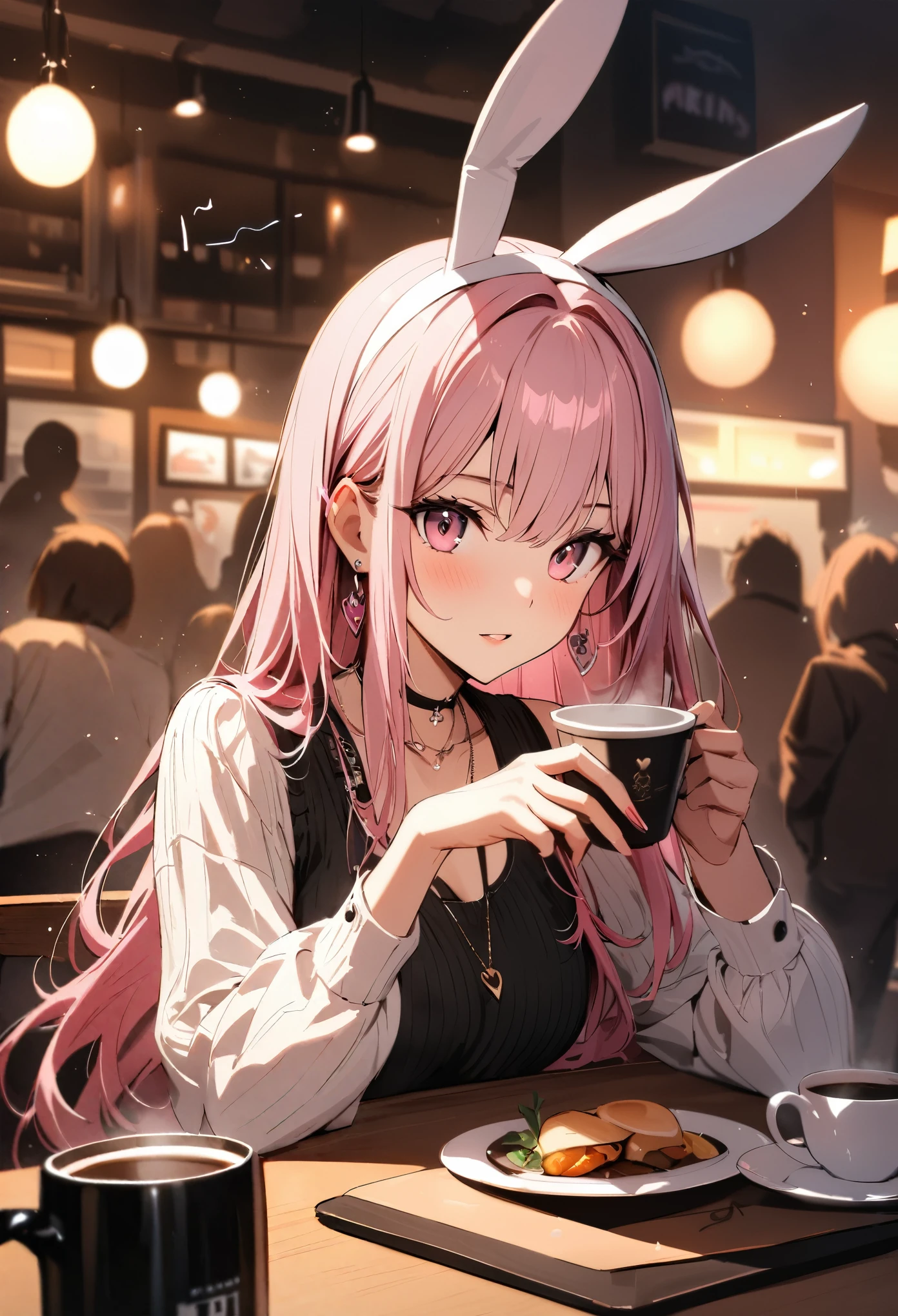 Masterpiece, highest quality, ultra-definition, ultra-fine, 4K, 8K, highest quality, beautiful, cute woman, solo, (beautiful pink hair, beautiful pink eyes, beautiful eyes, long hair, rabbit ears),
break
Scenery of a cozy cafe, drinking coffee, food and coffee cup on the table, crowd in the background,
break
Prada, necklaces, earrings, accessories, bags,
break
Fantastic lighting, bloom, extraordinary resolution, super details, top quality, high resolution, audio notes,