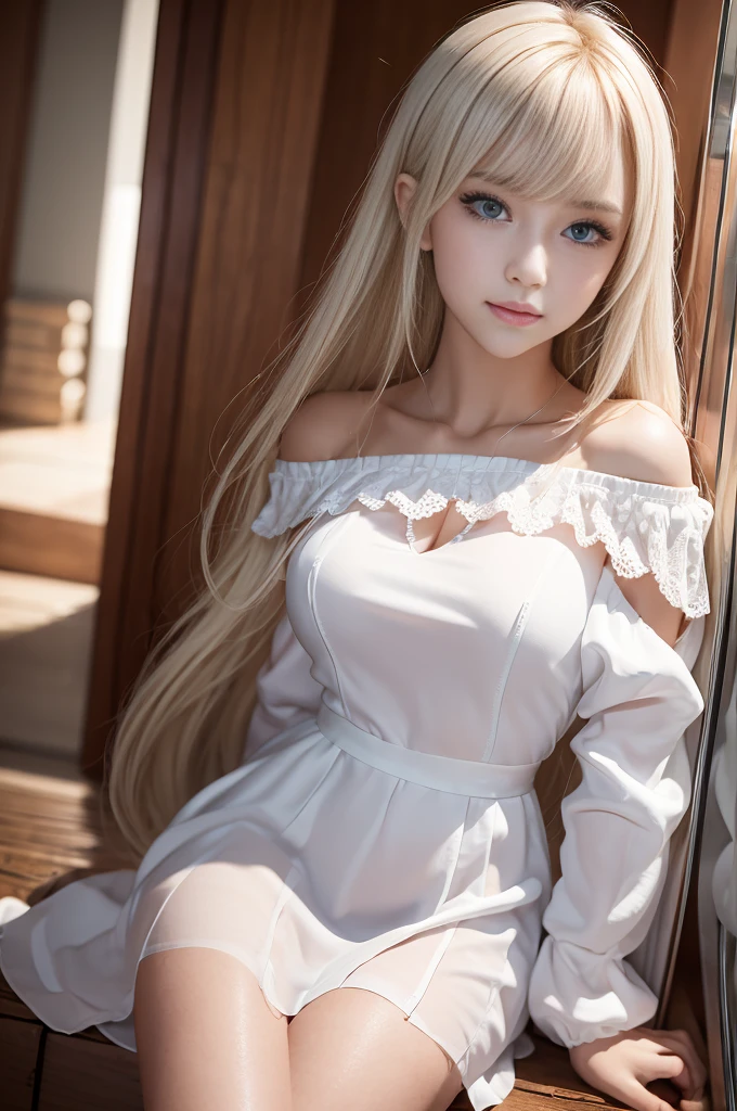 bright expression、Young shiny shiny white shiny skin、Best Looks、Blonde reflected light、Platinum blonde hair with dazzling highlights、shiny light hair,、Super long silky straight hair、Beautiful bangs that shine、Glowing crystal clear attractive big blue eyes、Very beautiful nice cute 16 year old girl、Lush bust,Beautiful detailed eyes, beautiful detailed nose,(( Full body:1.5)),Makeup that the eyes emphasize、,(Women like Joan of Arc)、Royal style,Comic style, , Sub-surface scattering, ornate detail, nature backdrop, Hyper-realistic, ((Cinematic)), Dramatic Lighting, masutepiece、((Off-the-shoulder white shirt dress:1.4))、((Fight on the battlefield))、(Loose and fluffy perm:1.4)、1 girl in、((Bob Hair:1.3))、Ultra realistic 8K CG, Picture-perfect face, flawless, clean, masutepiece, Professional artwork, famousartwork, Perfect face, Beautiful face, Beautiful eyes, ((Perfect female body)), Solo,(Immersive atmosphere, Chiaroscuro:1.5,Bright light:1.2,Luminous lighting),(blush:0.5),fascinated expression,Extremely detailed_Eyes,thick thighs,Large breasts,beautifullydetailedbackground,depth of fields,Realistic:1.3, longshot,Sitting, Full body, (ambient lights:1.3),(Cinematic composition:1.3),(Neon light:0.1),(nffsw:0.1),Accent Lighting, pantyhose,((dynamicposes))、(Fascinate boldly:1.5)