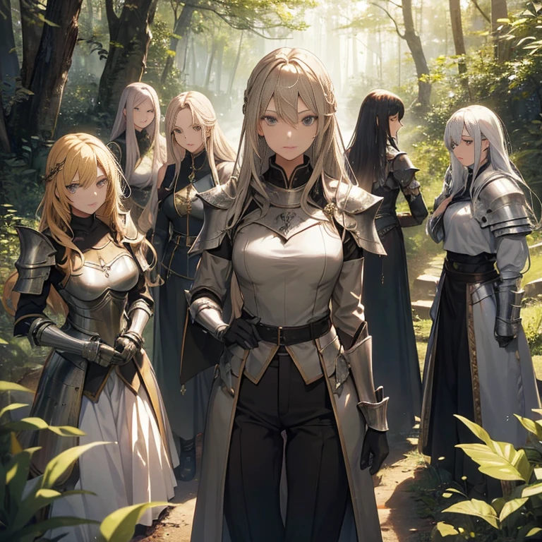 A group of  female knights, (in forest), various hair styles, metal armor, harem, trousers, seducing, beautiful face, close