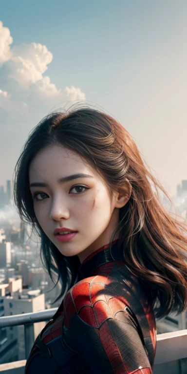 (1 girl:1.3), alone, (((Very Detailed face)))), ((The eyes and face are very detailed)))), beautiful details eyes, body parts__, official art, unified 8k wallpaper, super detailed, fair and fair, fair, masterpiece, best quality, The original, masterpiece, Super detailed photos, best quality, ultra high resolution, realism, Sunlight, full body portrait, amazing beauty, dynamic poses, delicate face, vibrant eyes, (from the front), She's wearing a Spider-Man suit, red and black color scheme, , 非常详细的城市roof背景, roof, overlooking the city, Detailed face, Detailed complex busy background, messy, Gorgeous, milky, highly refined skin, Realistic skin details, Visible pores, Clear focus, volumetric fog, 8K Ultra HD, DSLR camera, high quality, film grain, White skin, photorealism, Photography, Future dystopian metropolis, translucent,huge breasts,blush,Gasping lightly,Battle damage,seriously injured,holes in clothes,damaged clothes