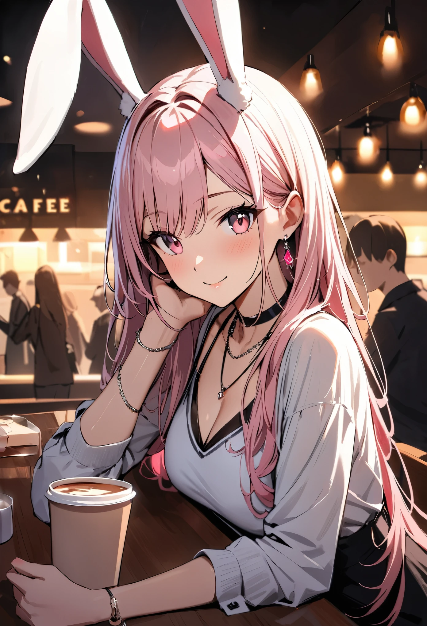 Masterpiece, highest quality, ultra-definition, ultra-fine, 4K, 8K, highest quality, beautiful, cute woman, solo, (beautiful pink hair, beautiful pink eyes, beautiful eyes, long hair, rabbit ears, smile),
break
Cozy cafe scenery, coffee on the table, food, coffee cups, crowd in the background,
break
Prada, necklaces, earrings, accessories, bags,
break
Fantastic lighting, bloom, extraordinary resolution, super detail, top quality, high resolution, audio notes,