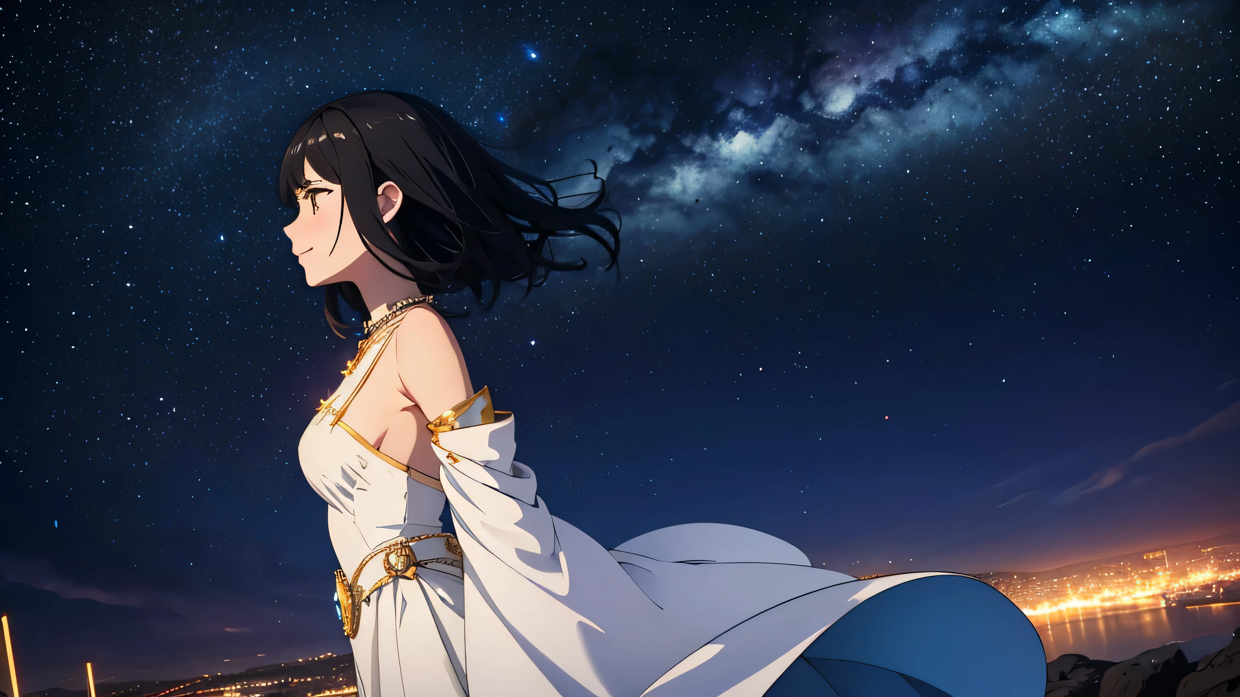 Generate an image of a smiling girl with black hair looking up at the sky from a side profile. It's late at night, and the atmosphere is filled with shining stars. She is dressed in an outfit inspired by gemstones, with her hair falling to her neck. The background should be adorned with gemstones, with distant town lights visible. The atmosphere should be fantastical, and the shot should be a bust-up.