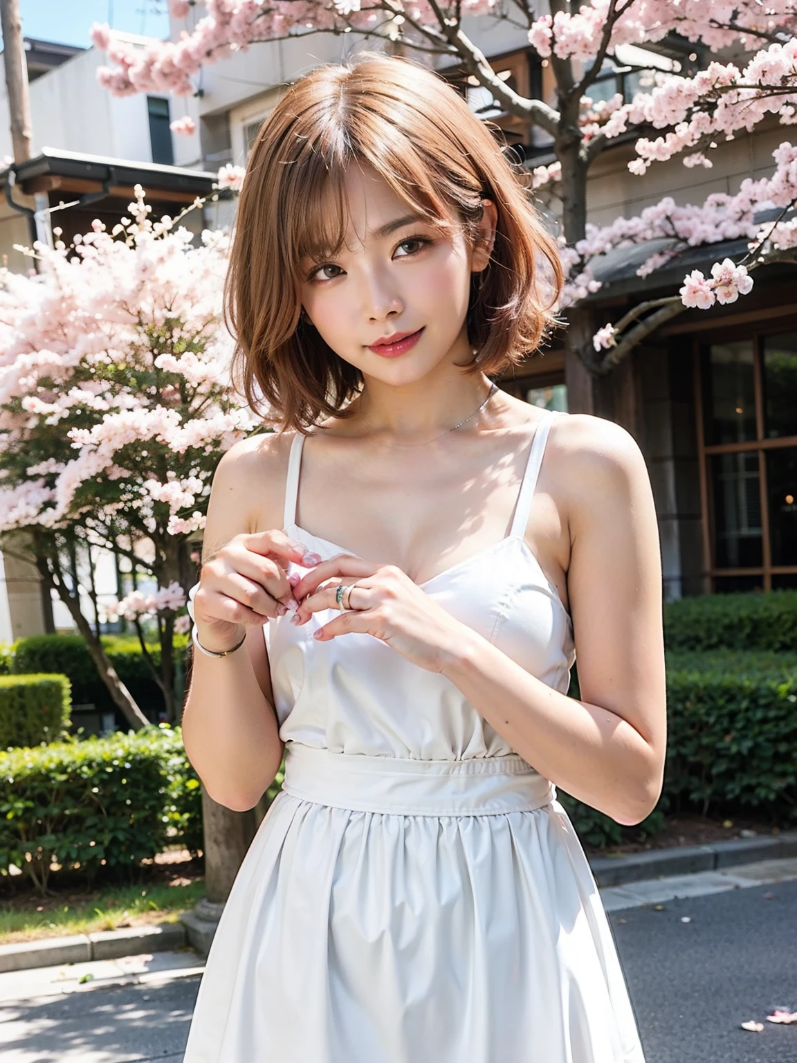 light pink hair, pink eyes, pink and white, cherry blossom leaves, Bright colors, white dress, paint splashes, simple background, ray tracing, wavy hair