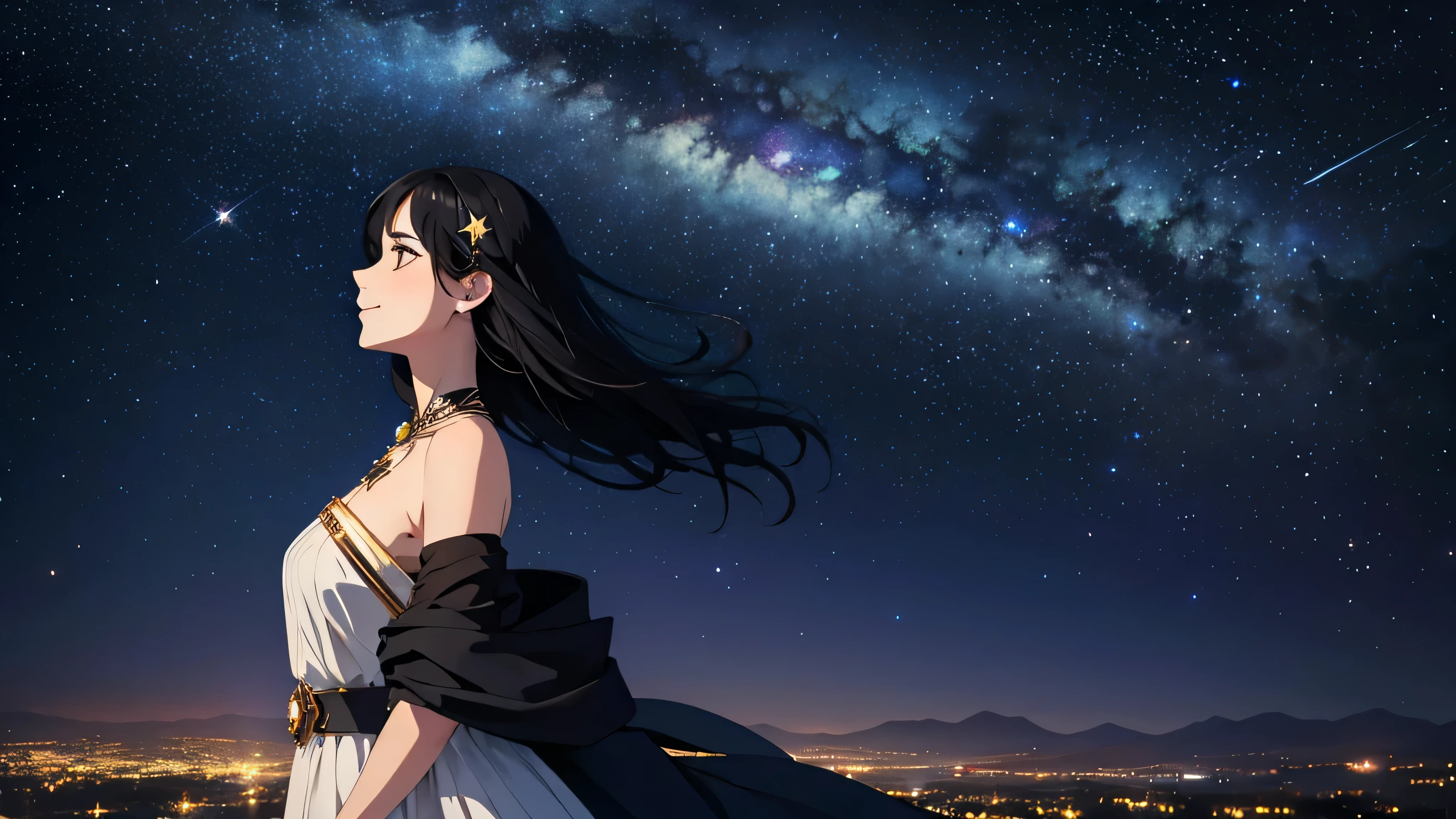 Generate an image of a smiling girl with black hair looking up at the sky from a side profile. It's late at night, and the atmosphere is filled with shining stars. She is dressed in an outfit inspired by gemstones, with her hair falling to her neck. The background should be adorned with gemstones, with distant town lights visible. The atmosphere should be fantastical, and the shot should be a bust-up.