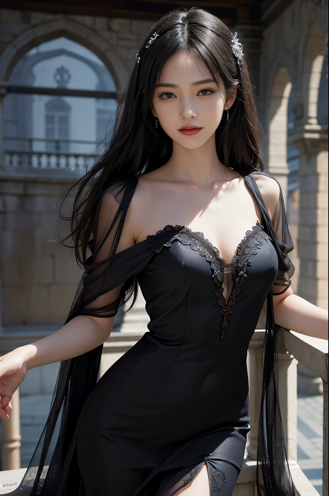best quality、masterpiece、ultra high resolution、actual、1 girl、Glossy skin、((Surreal detailed))、Global photo、8K、Highly complex details、shinning eyes、Black straight hair、slender body、plump breasts、highkey、pureerosfaceace_v1、A smile、Elegant pose、Dark  lace dress、Beautiful woman standing on the balcony of the castle