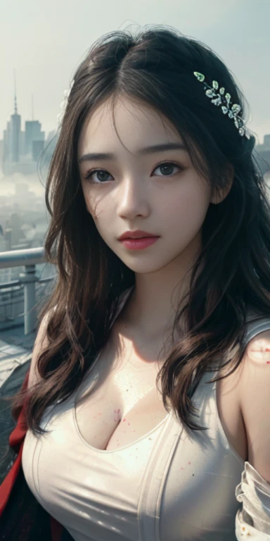 (1 girl:1.3), alone, (((Very Detailed face)))), ((The eyes and face are very detailed)))), beautiful details eyes, body parts__, official art, unified 8k wallpaper, super detailed, fair and fair, fair, masterpiece, best quality, The original, masterpiece, Super detailed photos, best quality, ultra high resolution, realism, Sunlight, full body portrait, amazing beauty, dynamic poses, delicate face, vibrant eyes, (from the front), She is wearing a knight suit, red and black color scheme, , 非常详细的城市roof背景, roof, overlooking the city, Detailed face, Detailed complex busy background, messy, Gorgeous, milky, highly refined skin, Realistic skin details, Visible pores, Clear focus, volumetric fog, 8K Ultra HD, DSLR camera, high quality, film grain, White skin, photorealism, Photography, Future dystopian metropolis, translucent,huge breasts,blush,Gasping lightly,Battle damage,seriously injured,holes in clothes,damaged clothes