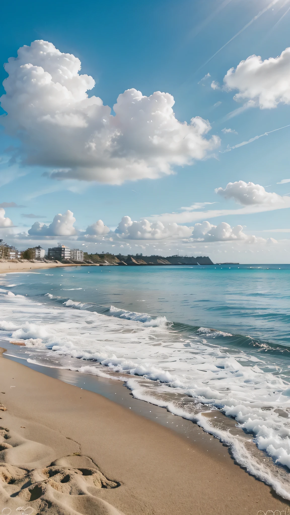 real photos，spring，beach，Blue sky and white clouds