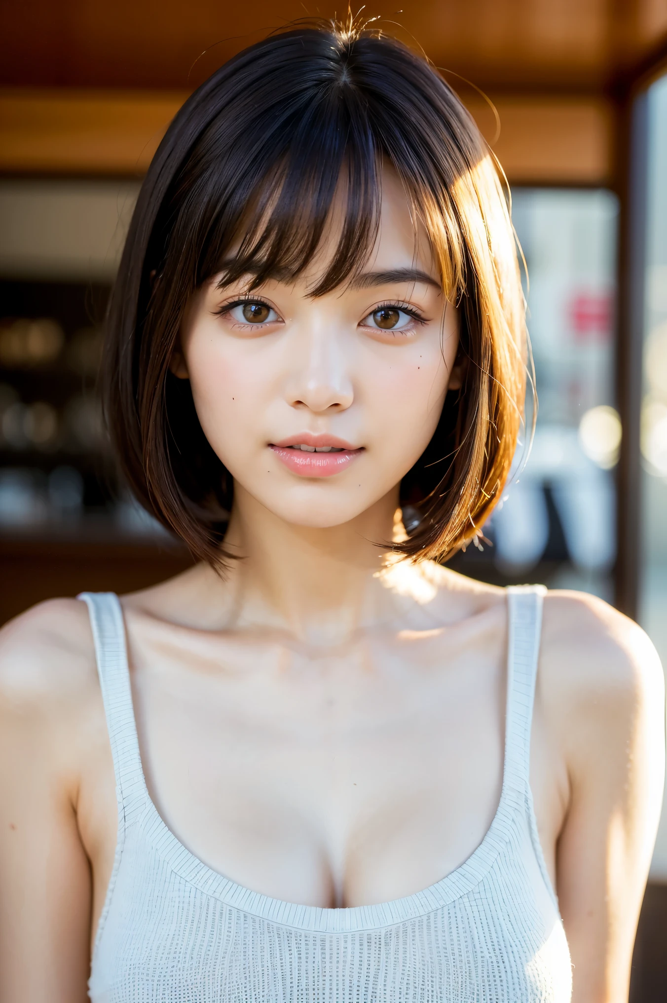 highest quality, face focus, soft light, ultra high resolution, (realistic:1.4), Raw photo,
1 Japanese girl, alone, cute, (pupil, There'There'There'There'There's a light in my eyes), detailed beautiful face, (),(High resolution details of human skin texture),
indoor, ((Ultra-thin knit camisole dress)) beautiful breasts wearing an apron
(portrait) 高精細にpupilにフォーカス smile See-through bang Old Coffee Shop The background is the protagonist Wide and deep background Old Coffee Shopがテーマです thin eyebrows beautiful breasts very cute beautiful fair skin beautiful hair (Very stylish and beautiful straight bob hair:1.3) See-through bangグ