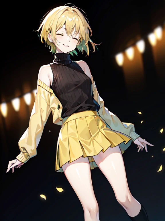 ((masterpiece)), ((pale skin)), (Bokeh effect), (dynamic angle), (blurred background:1.3), clear eyes, (alone:1.2), (woman:1.1), (blonde:1.1), (yellow sweater:1.5), (Green short skirt:1.5), (short hair:1.1), bare shoulders, (black stockings:1.2), (No sleeve:1.2), (turtleneck:1.2), (smile:1.2), (closed my eyes:1.3)