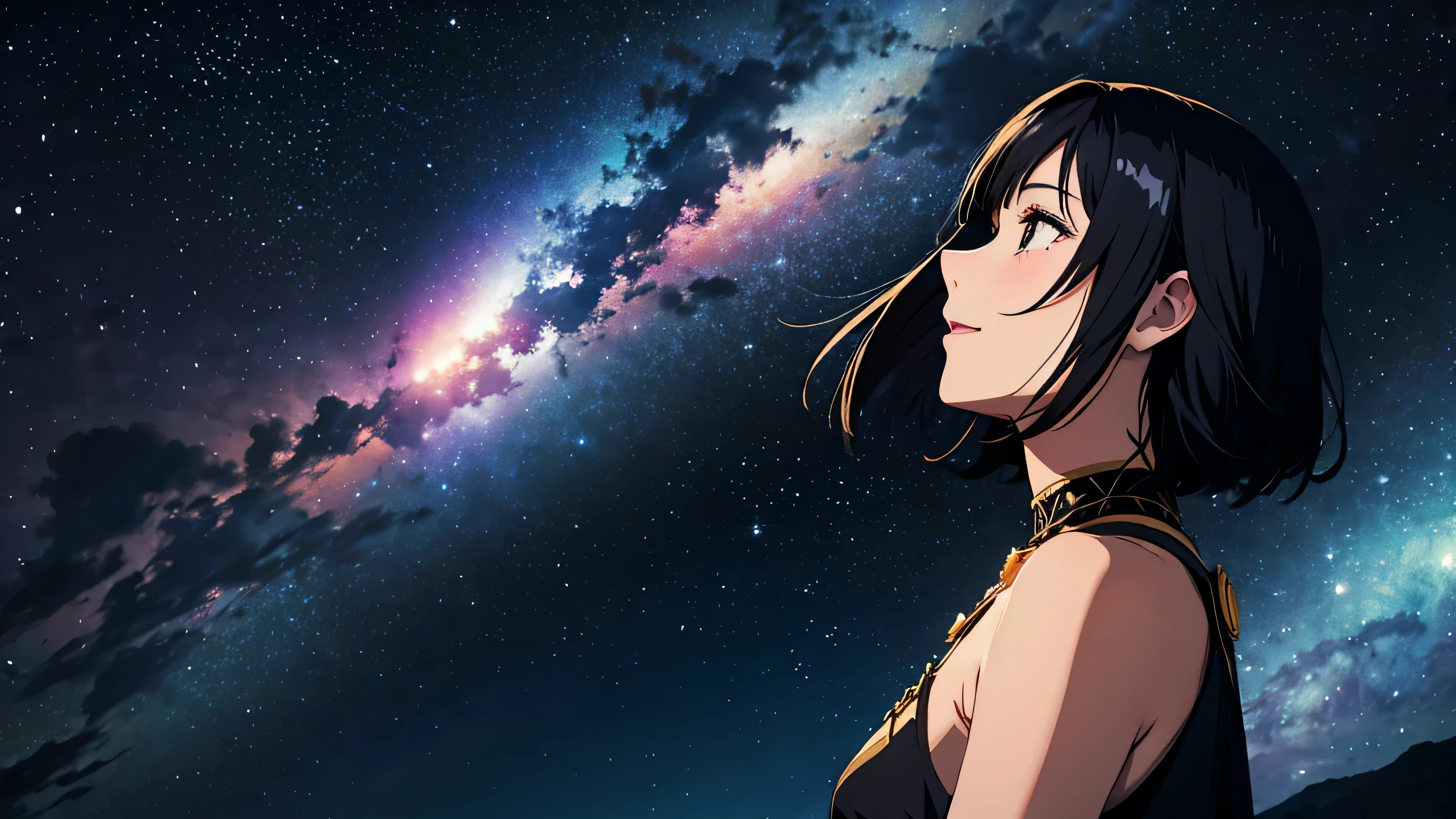 Generate an image of a smiling girl with black hair looking up at the sky from a side profile. It's late at night, and the atmosphere is filled with shining stars. She is dressed in an outfit inspired by gemstones, with her hair falling to her neck. The background should be adorned with gemstones, with distant town lights visible. The atmosphere should be fantastical, and the shot should be a bust-up.