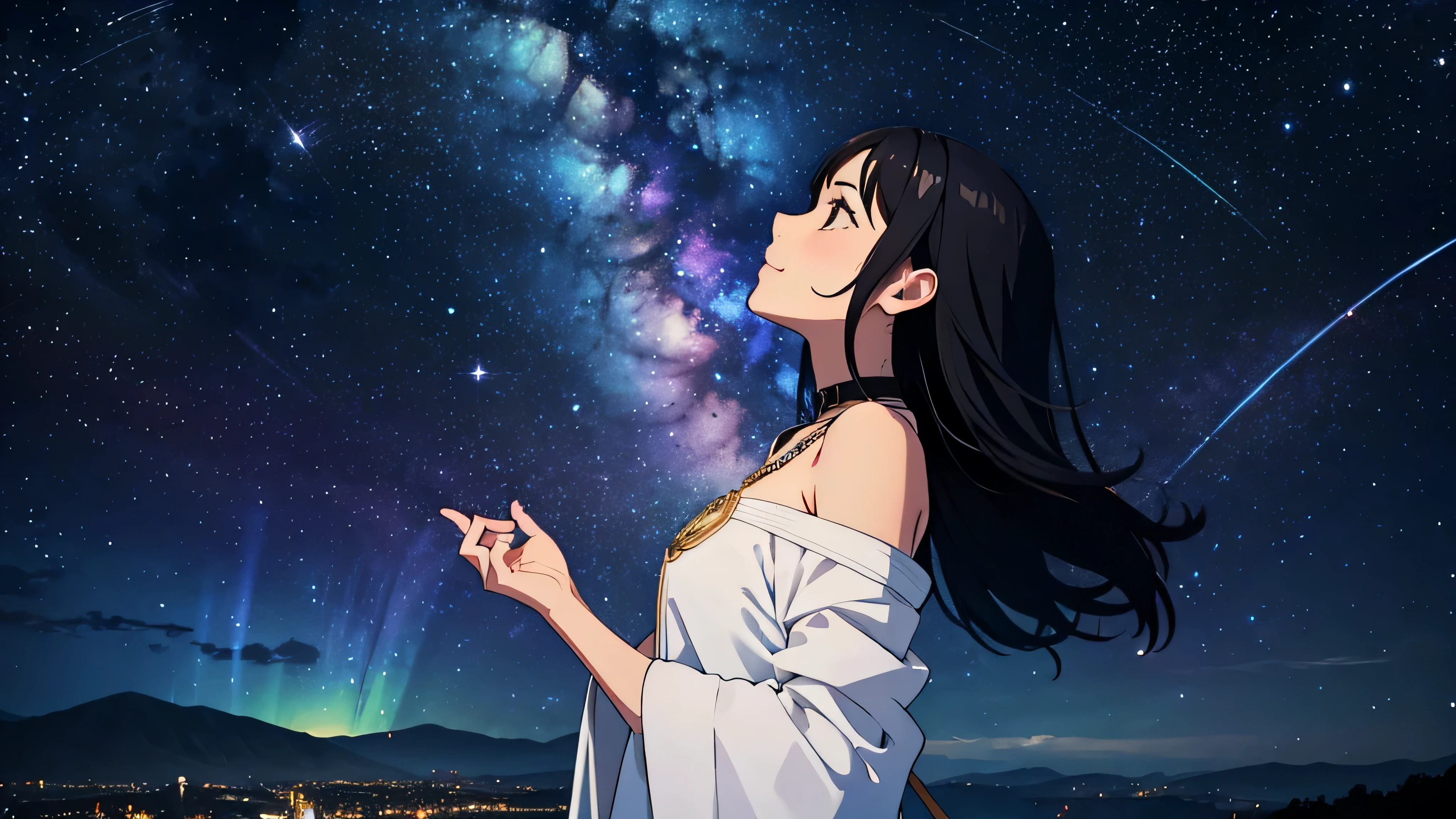 Generate an image of a smiling girl with black hair looking up at the sky from a side profile. It's late at night, and the atmosphere is filled with shining stars. She is dressed in an outfit inspired by gemstones, with her hair falling to her neck. The background should be adorned with gemstones, with distant town lights visible. The atmosphere should be fantastical, and the shot should be a bust-up.