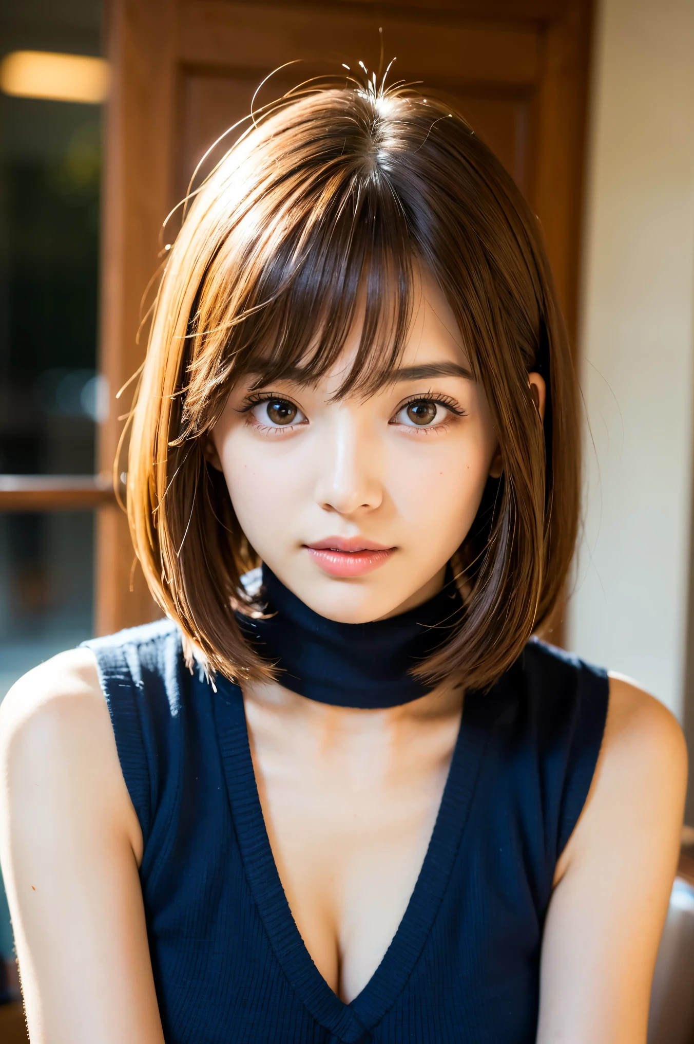 highest quality, face focus, soft light, ultra high resolution, (realistic:1.4), Raw photo,
1 Japanese girl, alone, cute, (pupil, There'There'There'There'There's a light in my eyes), detailed beautiful face, (),(High resolution details of human skin texture),
indoor, ((Ultra-thin knit camisole dress)) beautiful breasts wearing an apron
(portrait) 高精細にpupilにフォーカス smile See-through bang 17 years old Old Coffee Shop The background is the protagonist Wide and deep background Old Coffee Shopがテーマです thin eyebrows beautiful breasts very cute beautiful fair skin beautiful hair (Very stylish and beautiful straight bob hair:1.3) See-through bangグ