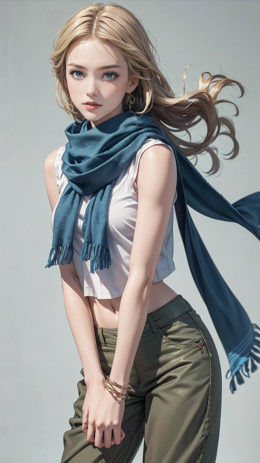 ((最high quality, 8K, masterpiece: 1.3, Ultra HD, high quality, 最high quality, High resolution, realism)) 、(high color saturation:1.0), (highly detailed skin), (最high quality:1.0), (超High resolution:1.0) ,(realistic:1.0), (Super detailed:1.0), (8K, Raw photo:1.1), slender、Slender, muscular body that's toned like an athlete's、24 year old white female、blue eyes、blonde、medium long hair、hair is wavy、Accessorize your wrist、Scarf Tie Blouse((scarf tie brouse))、Aladdin Pants((aladdin pants))wear、サンダルwear、pastel green background