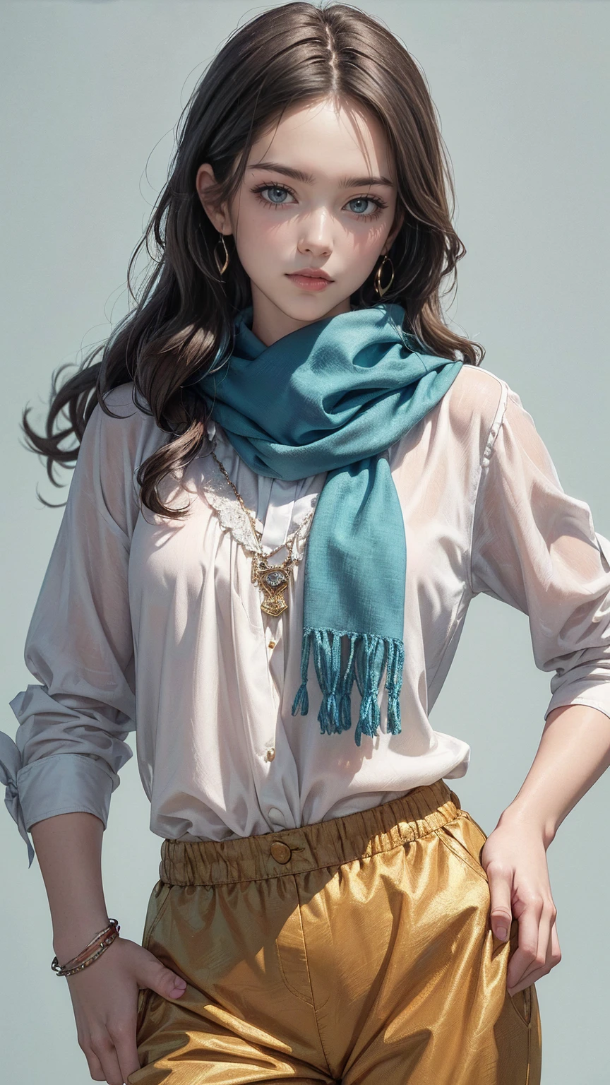 ((最high quality, 8K, masterpiece: 1.3, Ultra HD, high quality, 最high quality, High resolution, realism)) 、(high color saturation:1.0), (highly detailed skin), (最high quality:1.0), (超High resolution:1.0) ,(realistic:1.0), (Super detailed:1.0), (8K, Raw photo:1.1), slender、Slender, muscular body that's toned like an athlete's、24 year old white female、blue eyes、blonde、medium long hair、hair is wavy、Accessorize your wrist、Scarf Tie Blouse((scarf tie brouse))、Aladdin Pants((aladdin pants))wear、サンダルwear、pastel green background