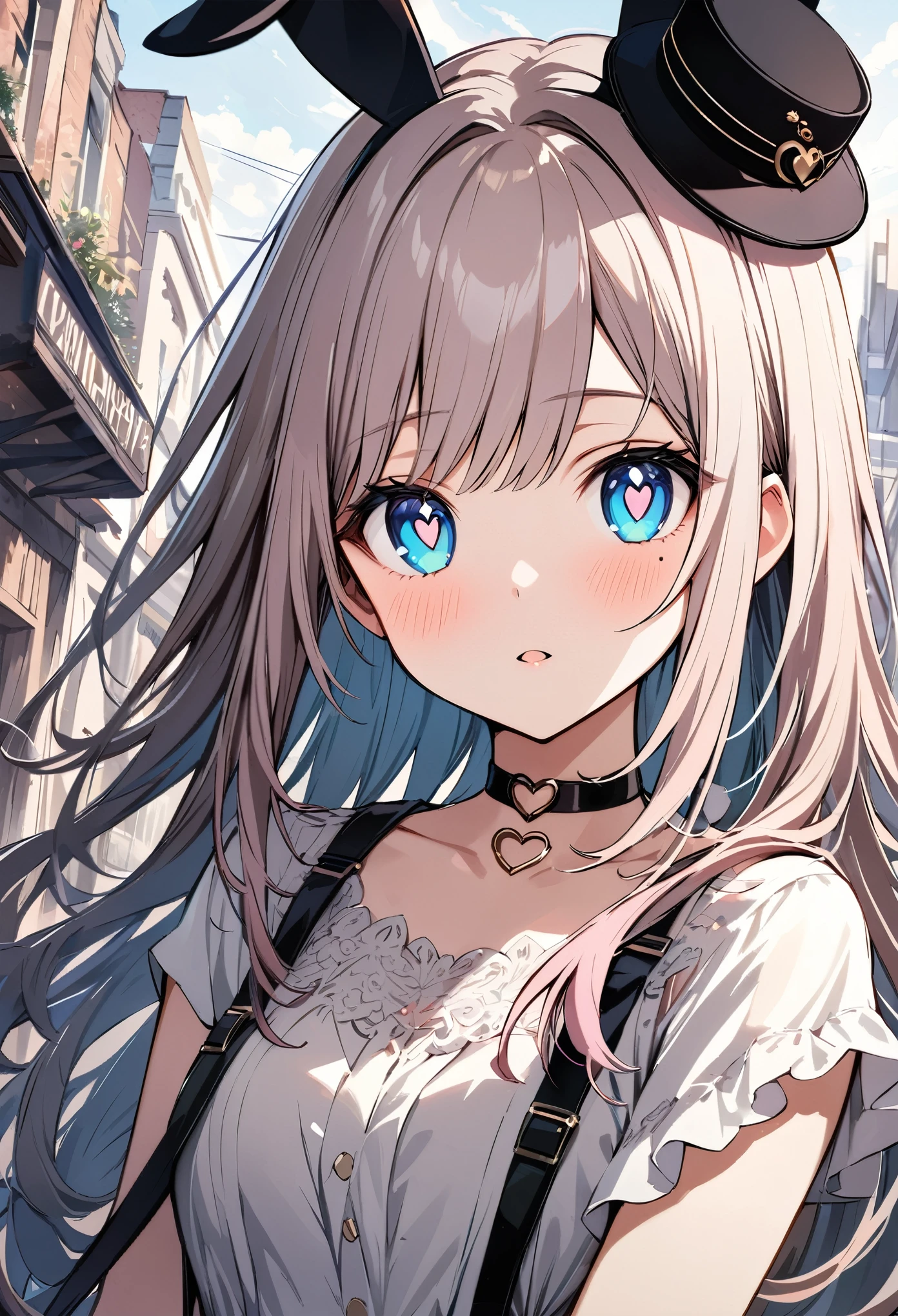 chibi {Girl with shoulder-length pink straight hair named Rico}, ``Little hat with bunny ears'', (It feels like saying Hello, daytime hours), {going out style}, ((Heart-shaped choker) ), (Downtown), Bright background, Mole under the eye, Heart-shaped choker, ((Masterpiece)), Highly detailed CG Unity 8k wallpaper), Top quality, One girl, Detailed background, beautifully detailed eyes, bright pupils, (very delicate and beautiful)), ((beautiful) eyes (detailed description)