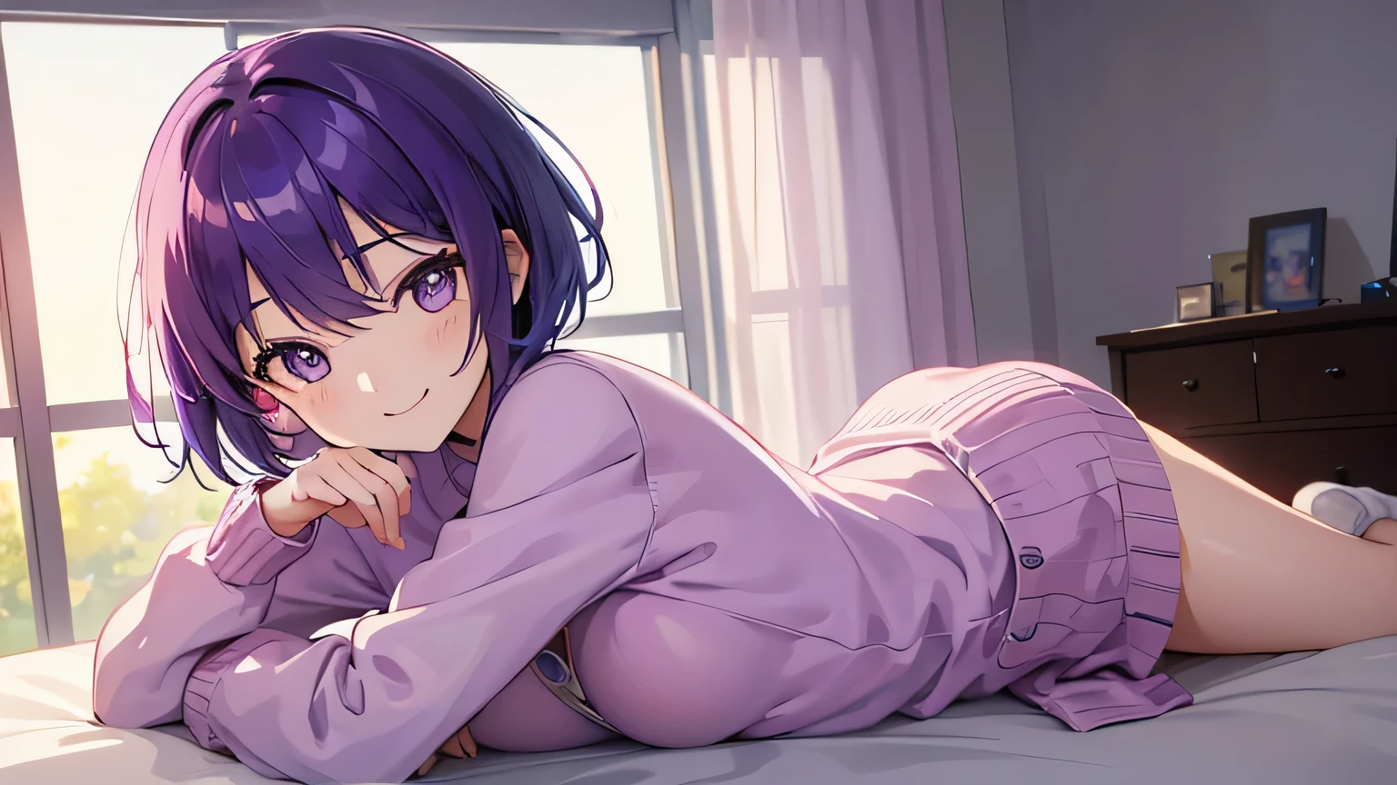 (T Masterpiece,4k wallpaper,best quality))、((girl1people))、(solo)、Shining and vivid,(purple hair)、(shortcut:1.3)、smile、Bedroom、sweater、morning