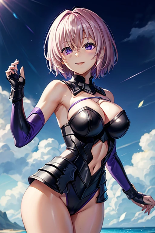 mash_Kyrielight(destiny_grand order), 1 girl, masterpiece、highest quality、black leotard、purple eyes、Pure、{{Fluffy}}、smile、{half naked}、share、、blue sky、