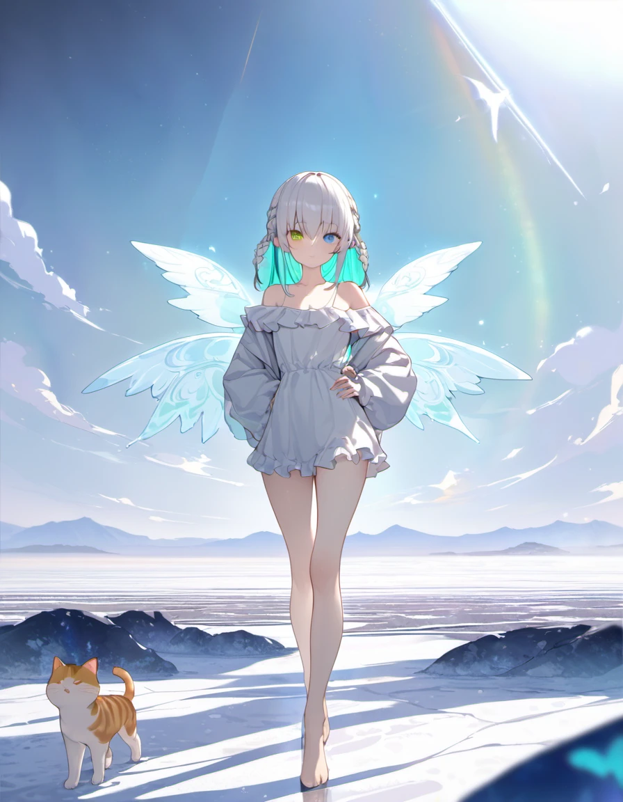 High image quality, delicate details, unbroken face, beautiful face, very good fingers, masterpiece, best quality, high quality, detailed, exquisite, beautiful, ultra detailed, insanely detailed, hyper detailed, FHD, highres, absurdres, Full-HD, 4K, 8K, 16K, salt flat, a girl, angel, a kitty, a mascot of marshmallow, water texture, steam texture, Geometric, lonely, hopeful, neutral, walking, hands on hips, looking at viewer, hair between eyes, french braids, colored inner hair, silver hair, aqua hair, with diamond-shaped irises, blue eyes, heterochromia, green eyes, pale skin, shiny skin, tall, slim, slender, off shoulder, frilled clothing, ribbon, with a piano, with angel wings on back, young adult, teenager, on the salt flat, in the evening, kawaii, cute, fantasy, dark atmosphere, reflective atmosphere, dreamy atmosphere, lo-fi, fairy academia, romantic academia, anime, soft-edged, hard-edged, soft surface, made of lapis lazuli, full body shot, medium shot, from front, low angle shot, cold lighting, depth of field, pale colors