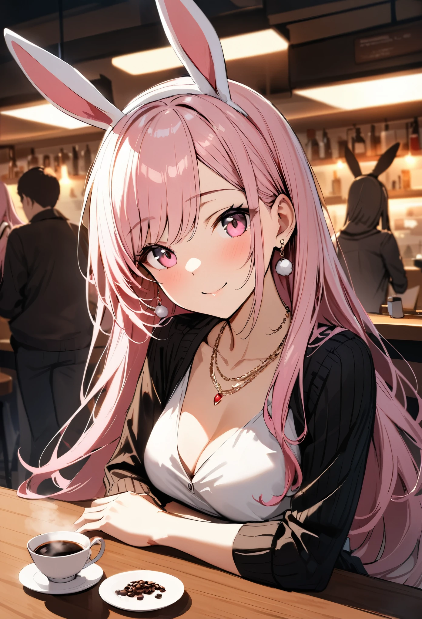 Masterpiece, highest quality, ultra-definition, ultra-fine, 4K, 8K, highest quality, beautiful, cute woman, solo, (beautiful pink hair, beautiful pink eyes, beautiful eyes, long hair, rabbit ears, smile),
break
Cozy cafe scenery, coffee on the table, food, coffee cups, crowd in the background,
break
Prada, necklaces, earrings, accessories, bags,
break
Fantastic lighting, bloom, extraordinary resolution, super detail, top quality, high resolution, audio notes,