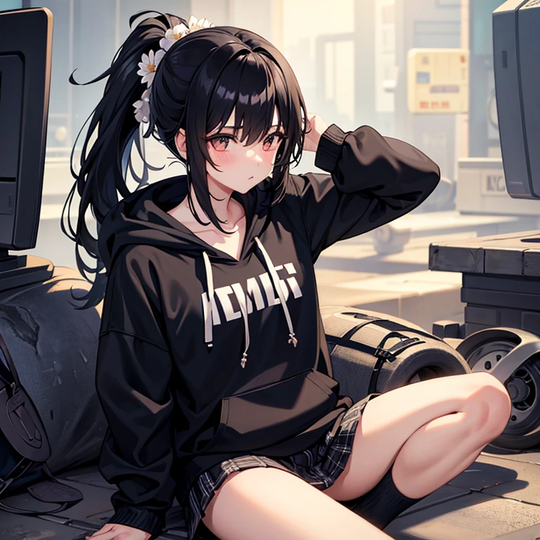 RAW photo, extremely delicate and beautiful, masterpiece, Best Quality, ultra high resolution, 16k, photorealistic, ultra detailed description, pale skin, in her 20s, whole body, medium tits, medium hair, black hair, tearful mole, earring, tracksuit, shorts, bare arms, sleeveless,