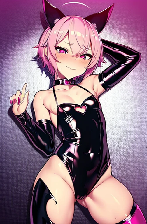 There is a cartoon picture of a feminine boy with short pink hair, anime style, devil femboy, flat anime style, cute, crossdresser, femboy body, prostitute costume, posing in a sexy pose, horny look, hd, 4k, be familiar with