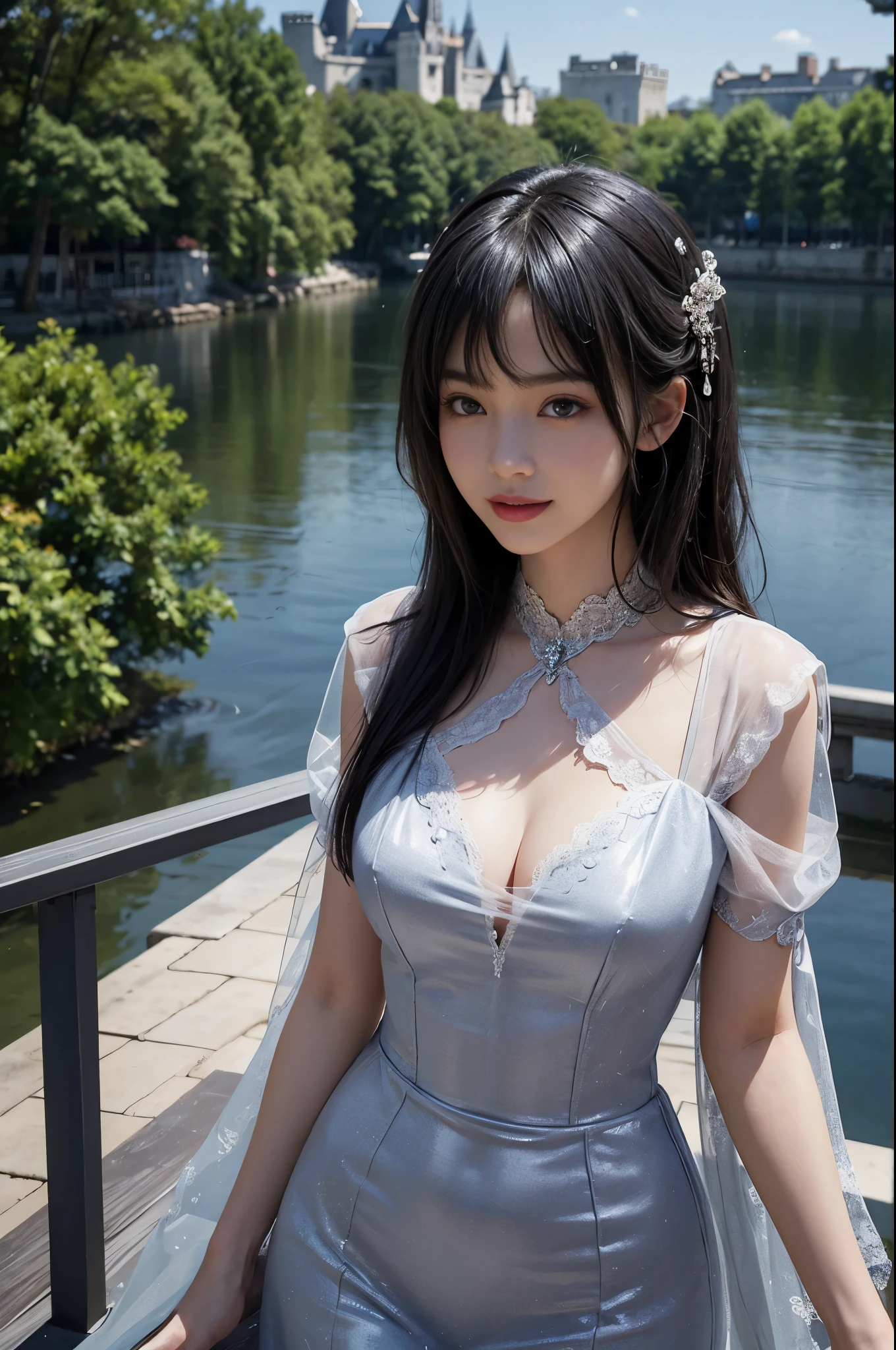 best quality、masterpiece、ultra high resolution、actual、1 girl、Glossy skin、((Surreal detailed))、Global photo、8K、Highly complex details、shinning eyes、Black straight hair、slender body、plump breasts、highkey、pureerosfaceace_v1、A smile、Elegant pose、Dark lace dress、Beautiful woman standing on the balcony of the castle